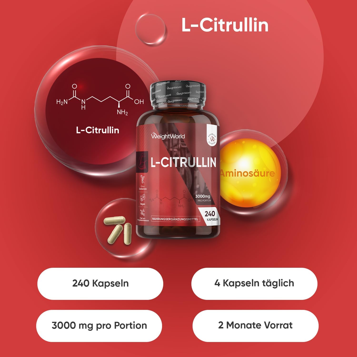 Thumbnail 1 de L-Citrullin 3000 mg pro Portion – vegane Citrulline Kapseln (240 Stück) von WeightWorld