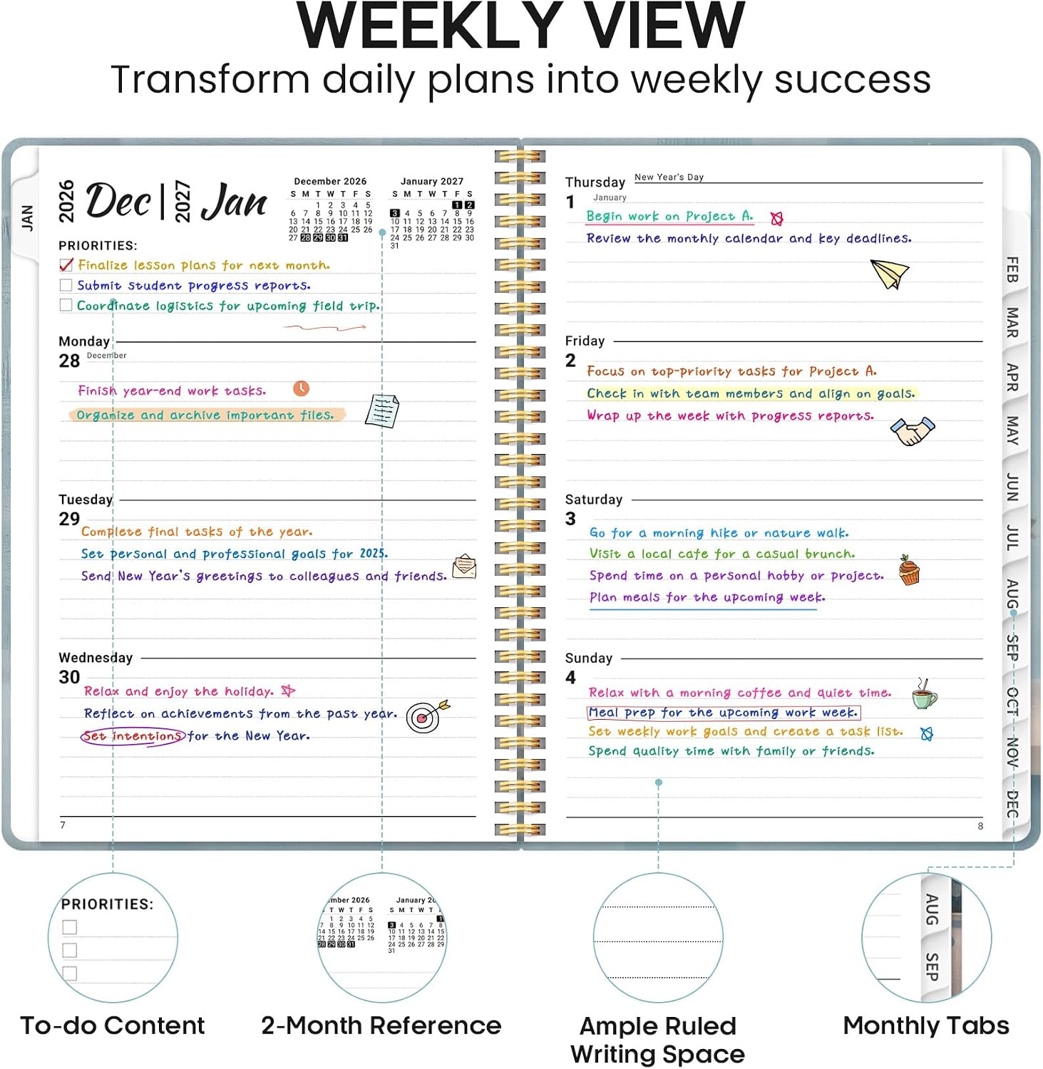 Detalle de JEJEGO 2027 A5 Weekly and Monthly Planner, Hardcover with Spiral Binding