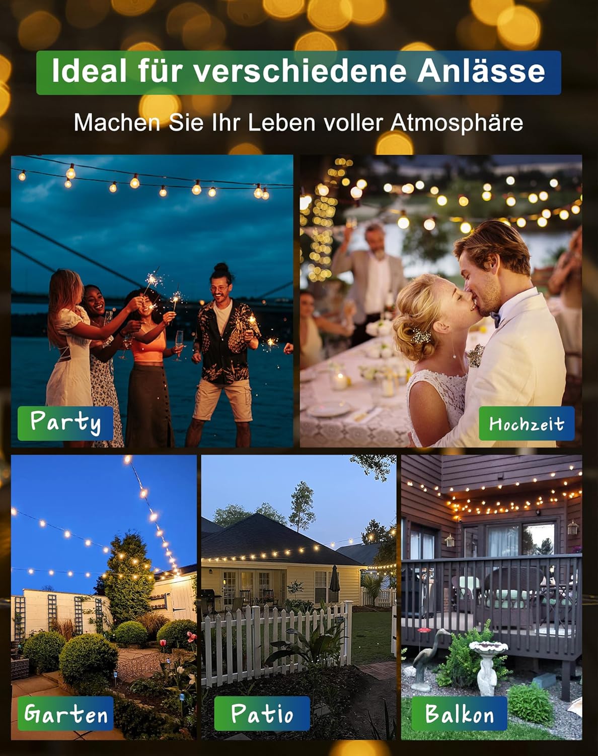 Thumbnail 6 de Zuske Solar Lichterkette Außen 9,5 m – 15+1 G40 LED, IP65, 5 Modi, USB-C Lademöglichkeit