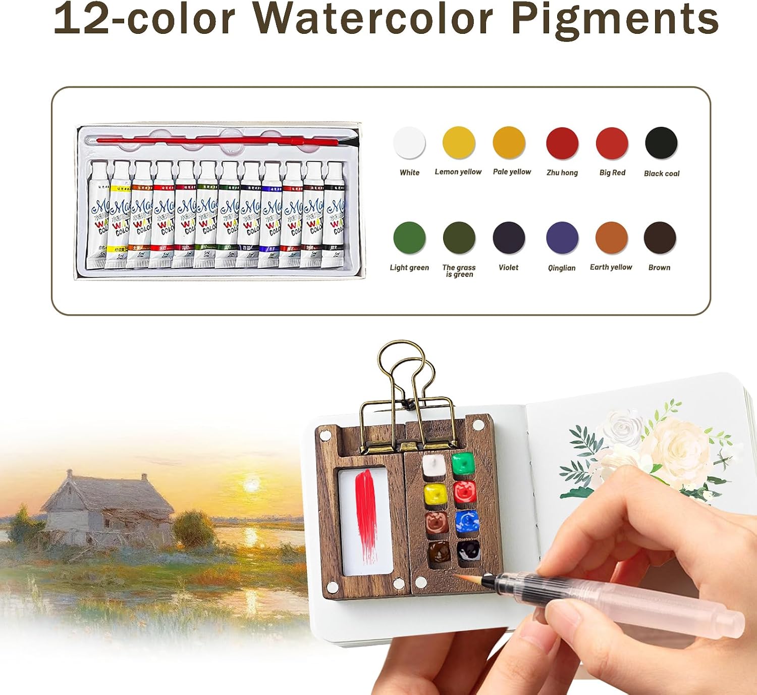 Detalle de EliphonTowne 5 PCS Pocket Artist Watercolour Travel Set – 8 Grids, Foldable Palette & Sketchbook