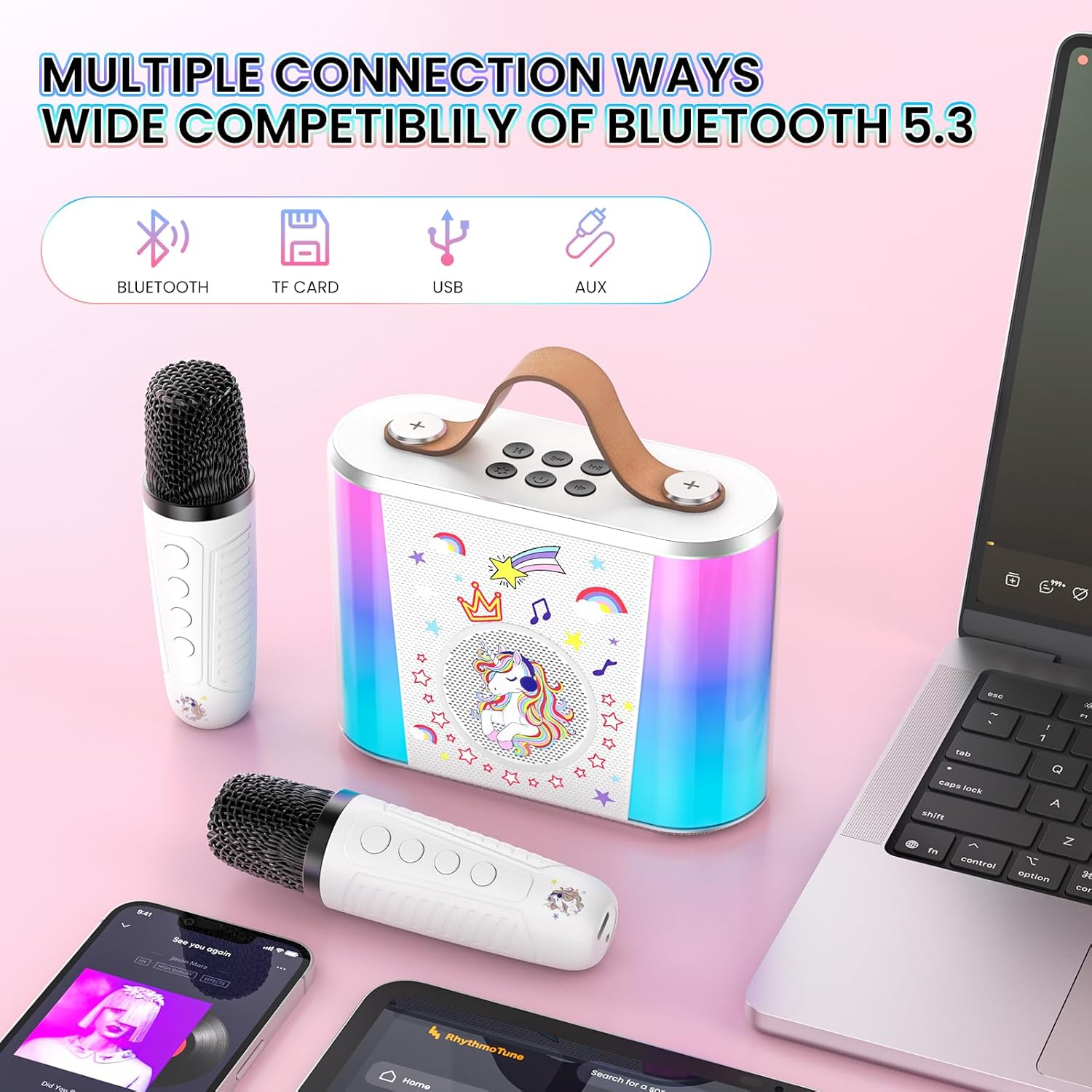 Thumbnail 1 de PKBD Karaoke Machine for Kids with 2 Wireless Microphones (White) – Portable Bluetooth Speaker for 3–15 year olds