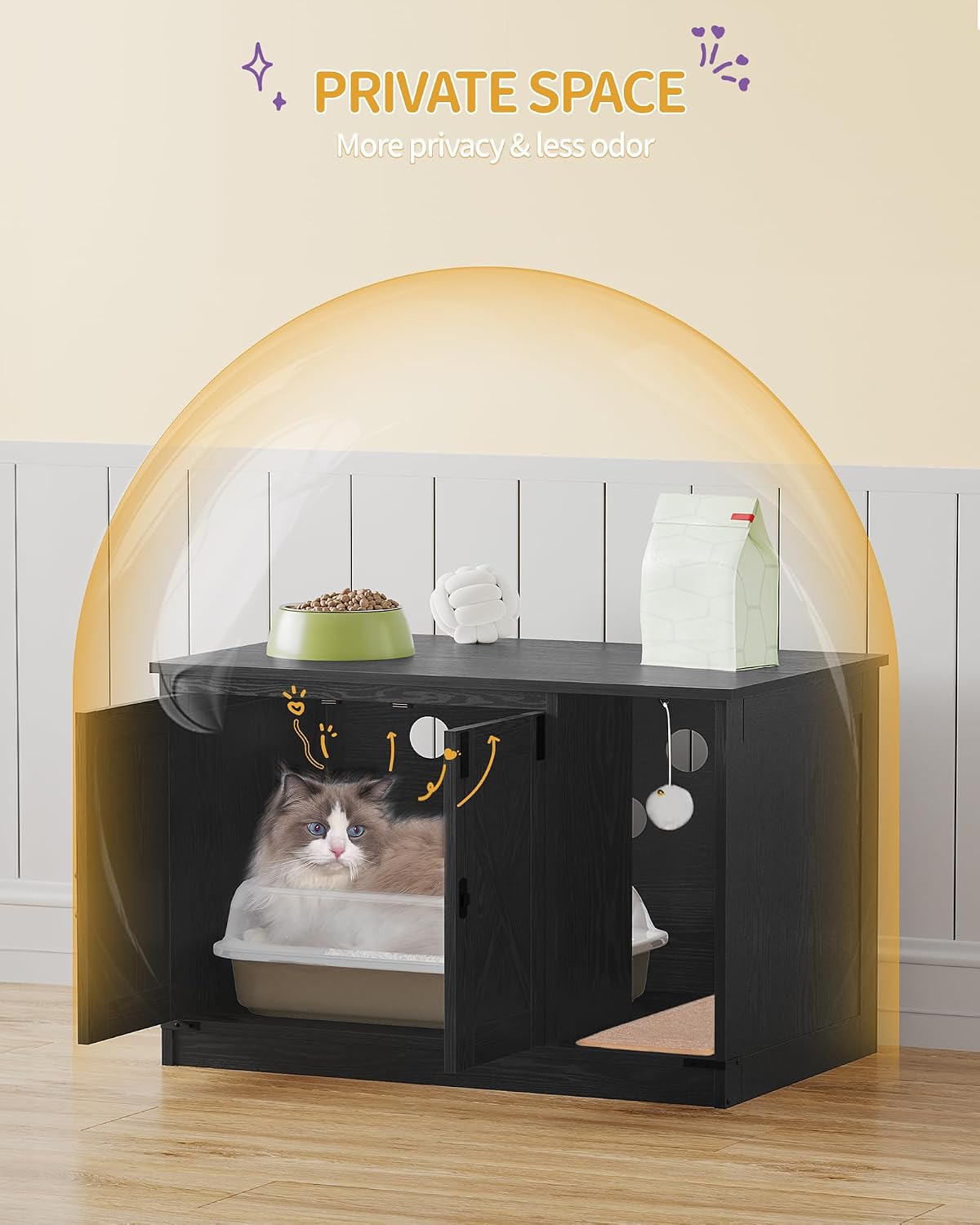 Detalle 2 de Hzuaneri CB82404X Cat Litter Box Enclosure, Black Farmhouse Cabinet with Curved Entry