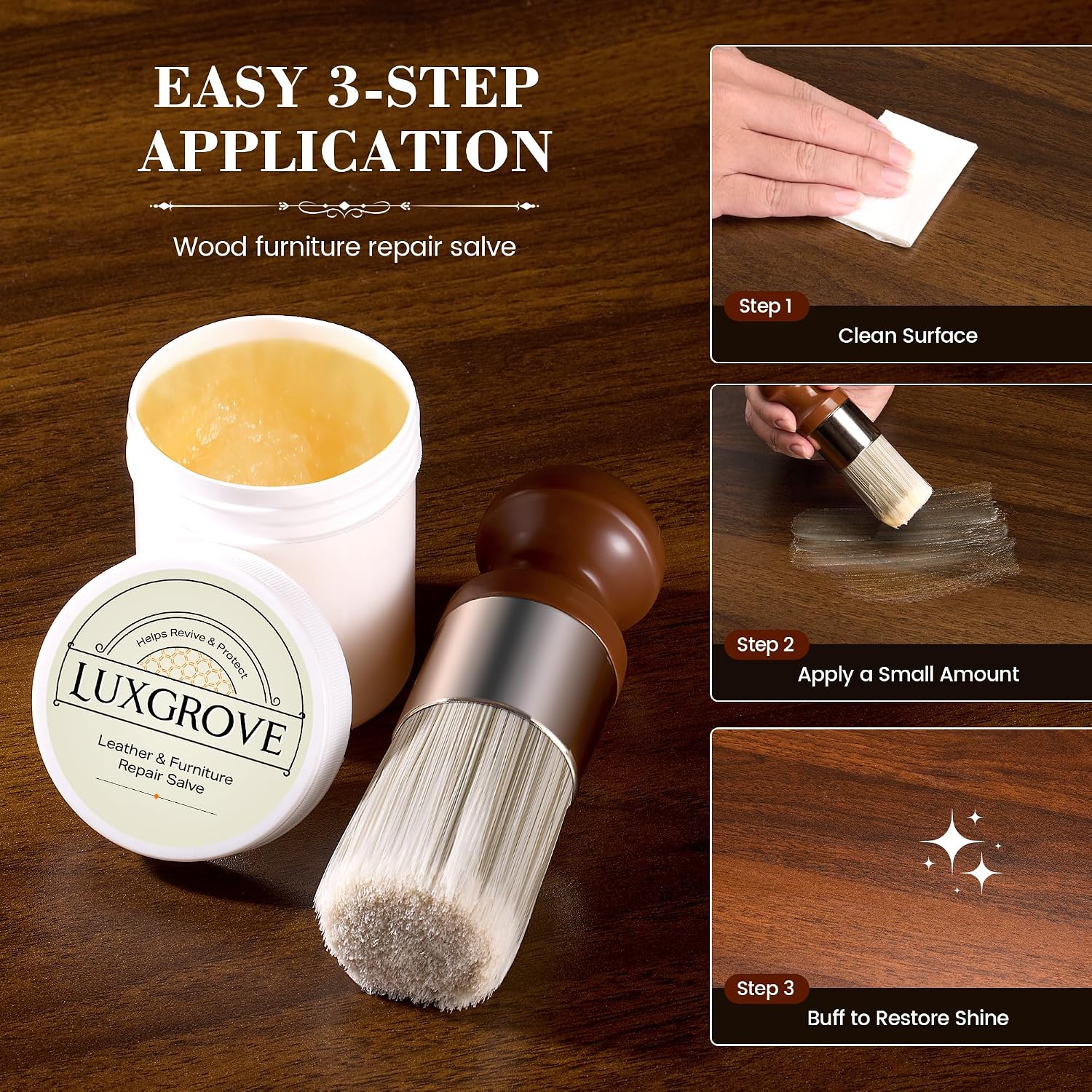 Detalle de LUXGROVE Wood & Leather Furniture Salve, 8 oz Conditioning Balm