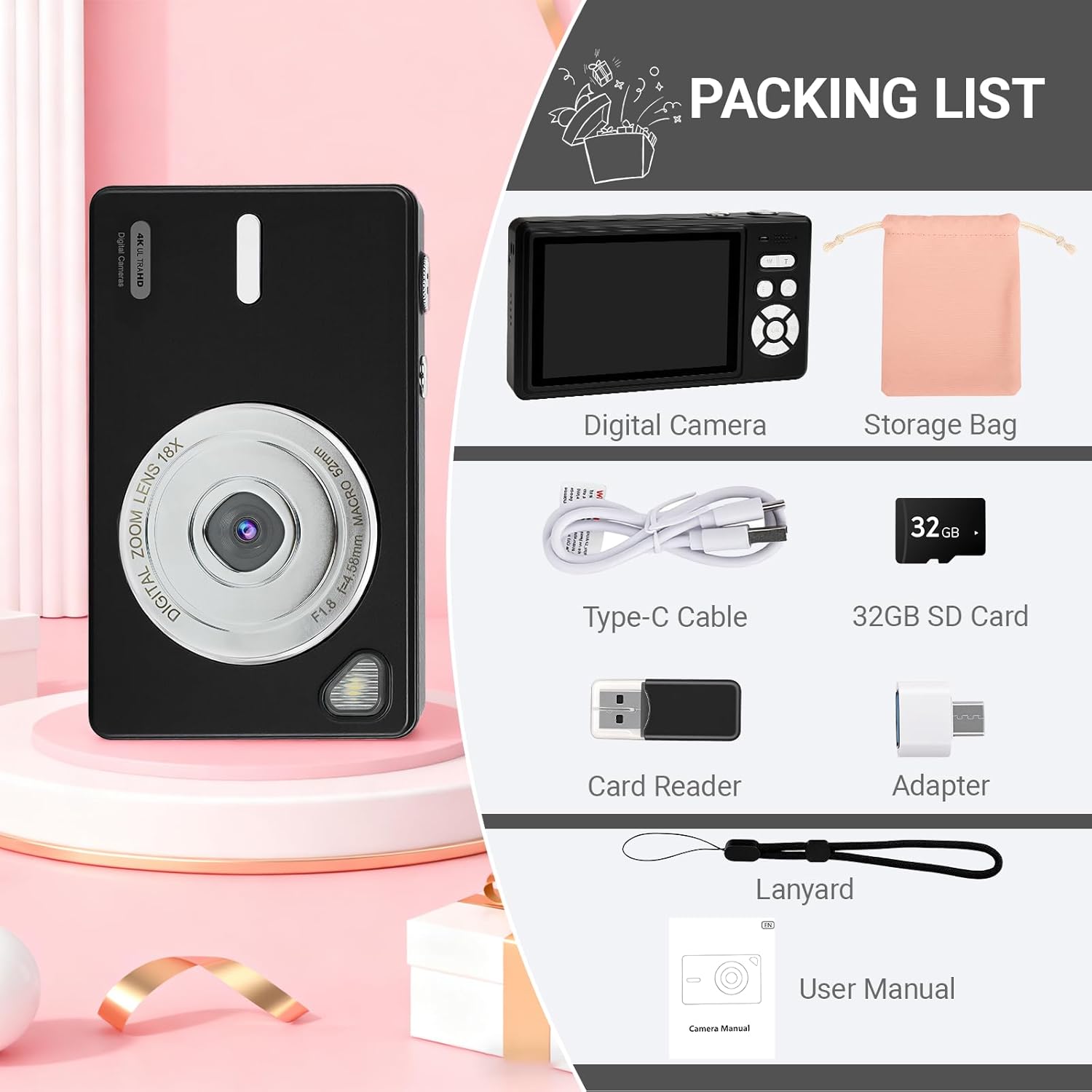 Thumbnail 6 de Digital Camera 4K - Autofocus Compact Camera with 32GB SD Card (Black)