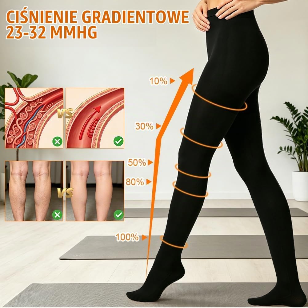 Detalle de AYBUY rajstopy kompresyjne 23–32 mmHg, czarne, z wysokim stanem