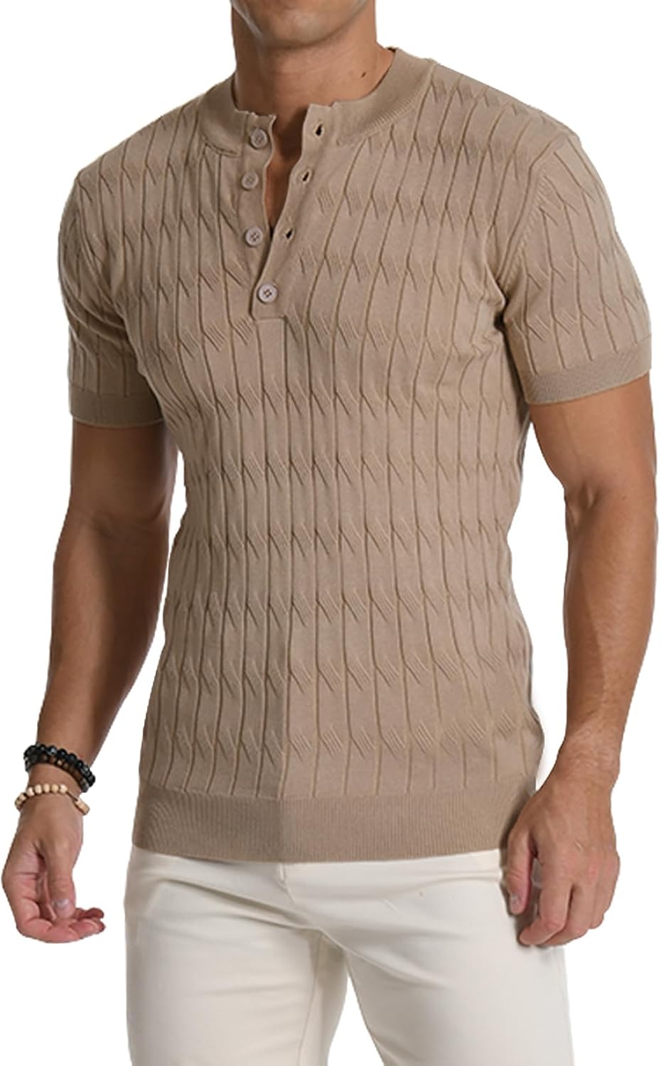 Detalle 2 de MLANM Men’s Knitted Henley T-Shirt (Short Sleeve, Slim Fit) – Lightweight summer polo style