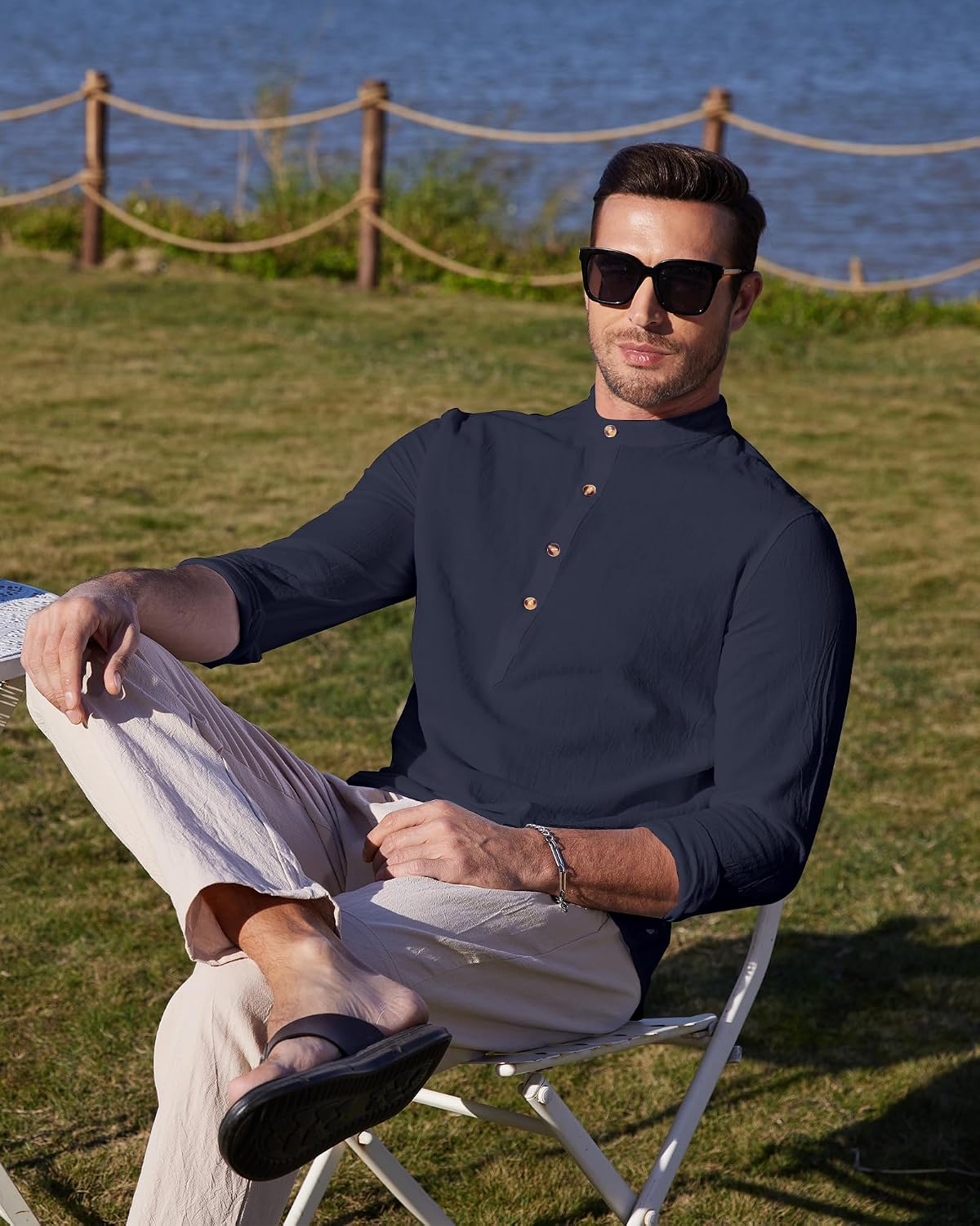 Thumbnail 3 de YAOBAOLE chemise lin coton homme à manches longues Henley – style décontracté pour l’été