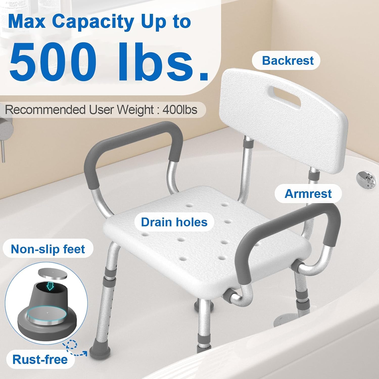 Detalle de HOMLAND SHC20 Shower Chair with Adjustable Height, Arms and Back, White