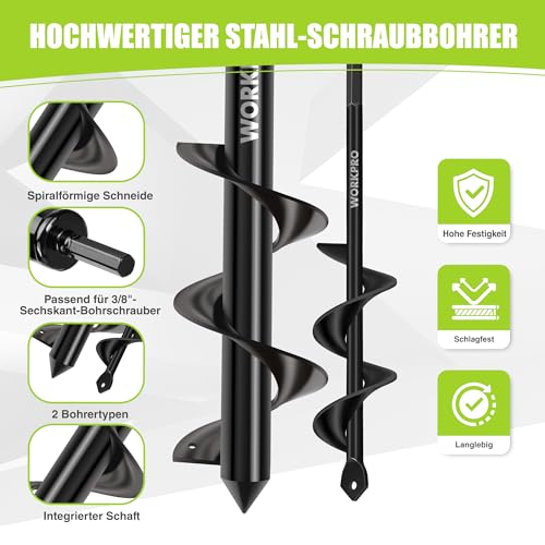 Detalle de WORKPRO Erdlochbohrer-Set 2 Stück (8x30 cm + 4x22 cm) für Bohrmaschinen ab 10 mm