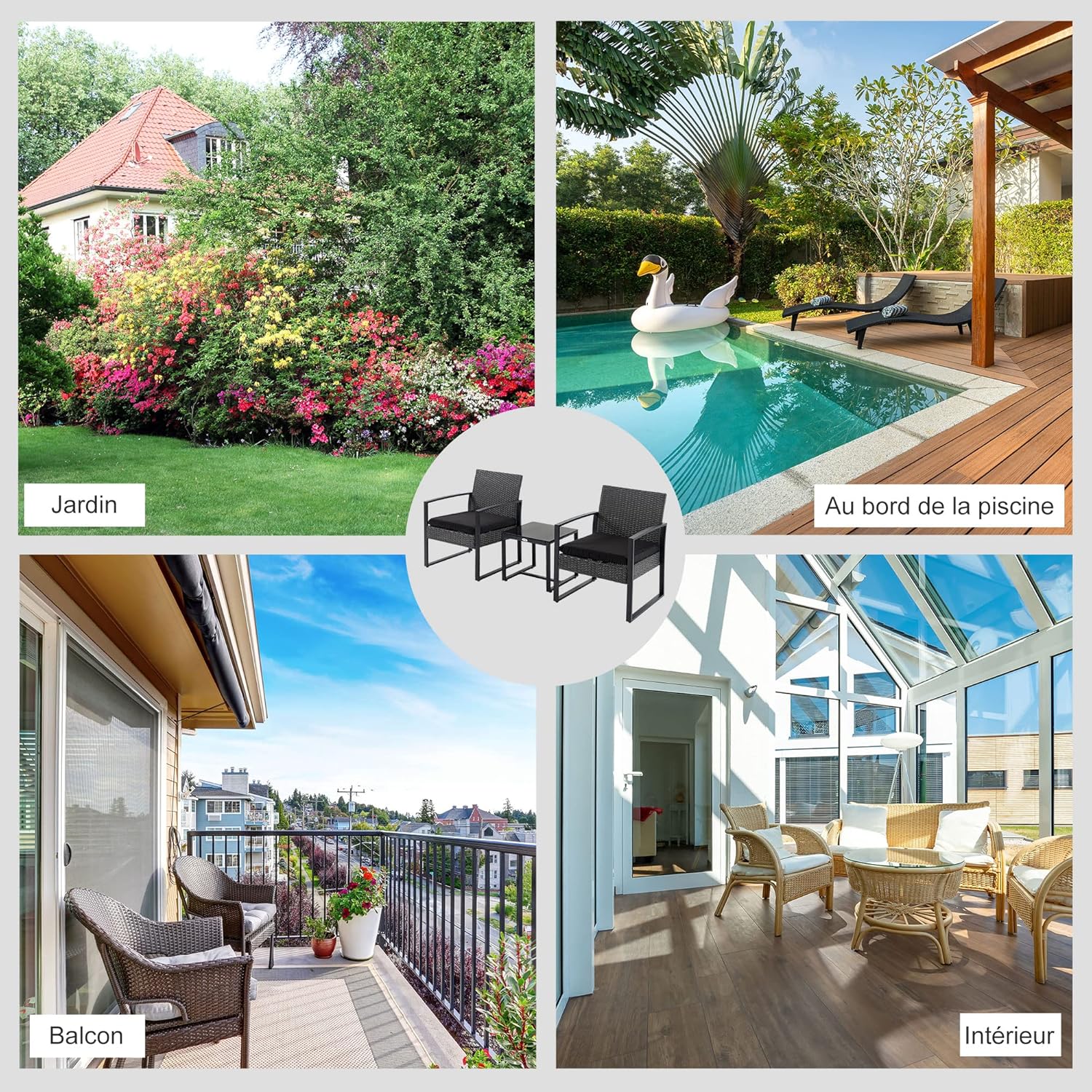 Thumbnail 5 de Outsunny Salon de Jardin 2 Places – Ensemble rotin PE avec Table Verre Trempé (gris)