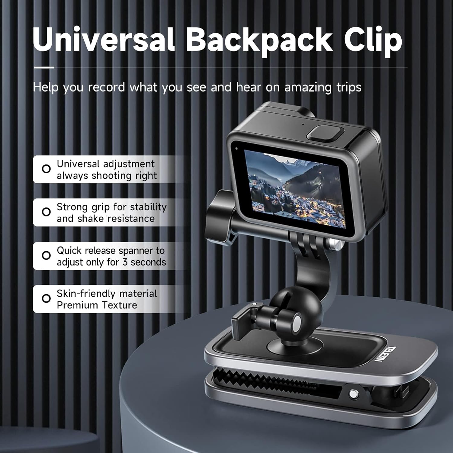 Detalle de TELESIN Backpack Shoulder Strap Clip Mount for GoPro & Insta360 — 360° Rotation and Quick Release Clamp