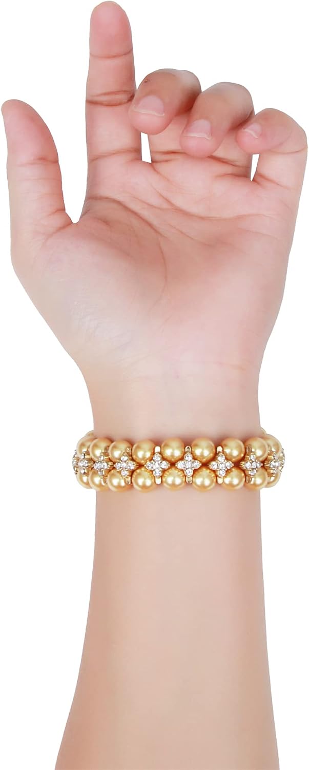 Detalle de GEMEK Pearl Bracelet for Apple Watch – Bling Diamond & Pearl Stretch Band (Shiny Gold)