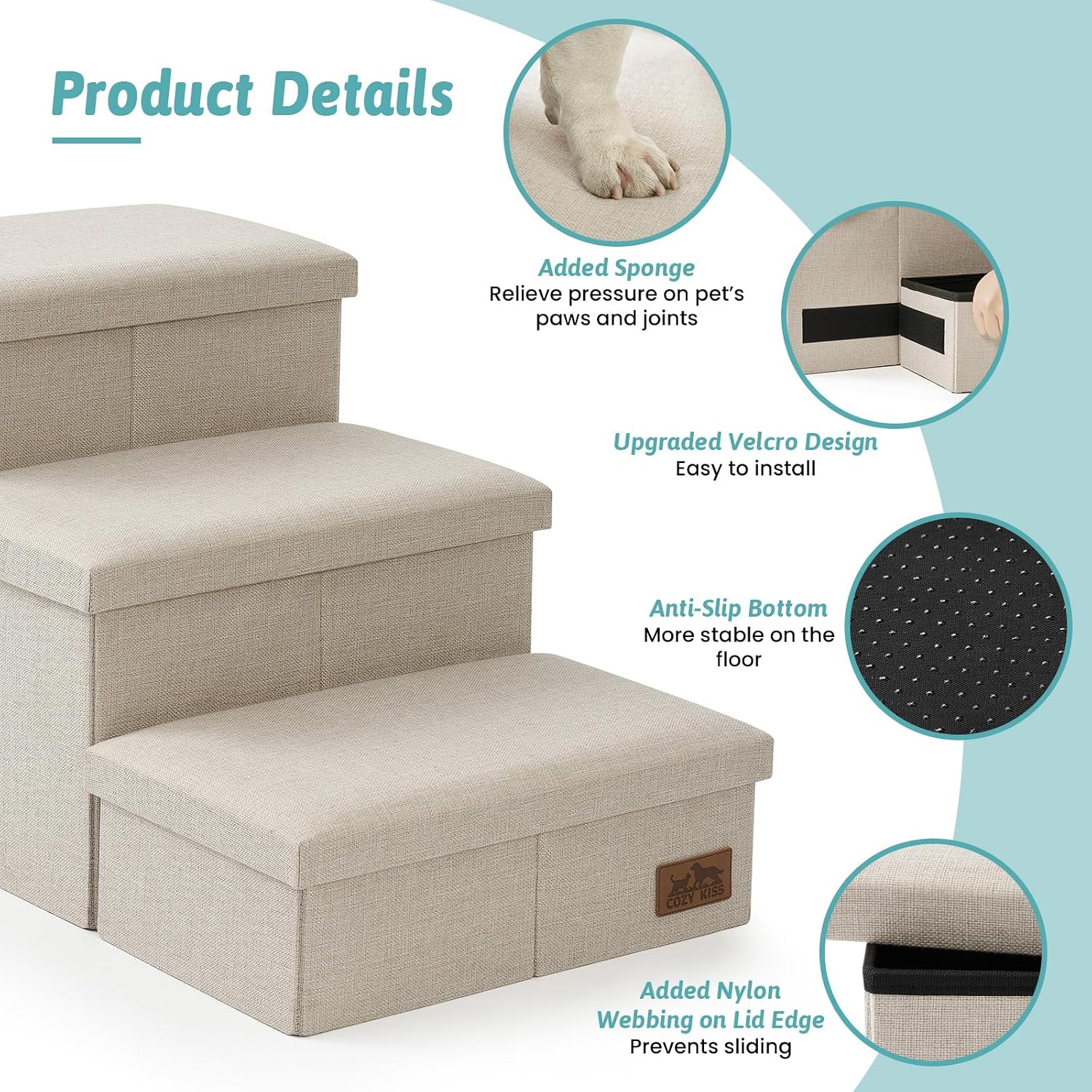 Detalle de COZY KISS Dog Stair with Storage for Small Dogs – Foldable, Leakproof Cover & Lightweight Ramp