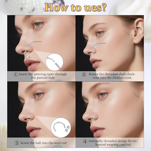 Detalle de WillTen 18G Bijoux pour piercing au septum – Anneau en fer à cheval acier inoxydable, double gemme doré