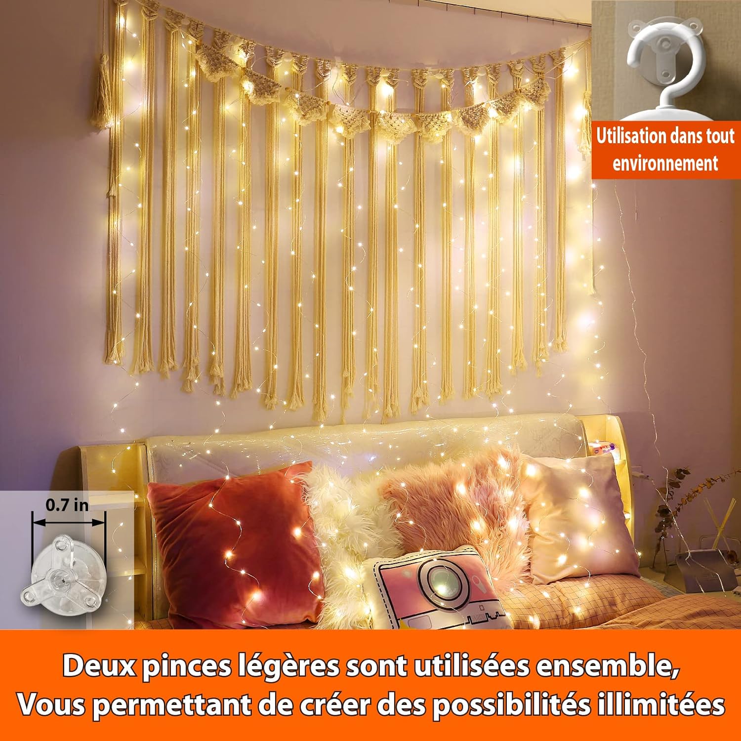 Detalle de HXWEIYE guirlande lumineuse rideau 300 LED (3 m x 3 m) blanc chaud, USB, télécommande et minuterie