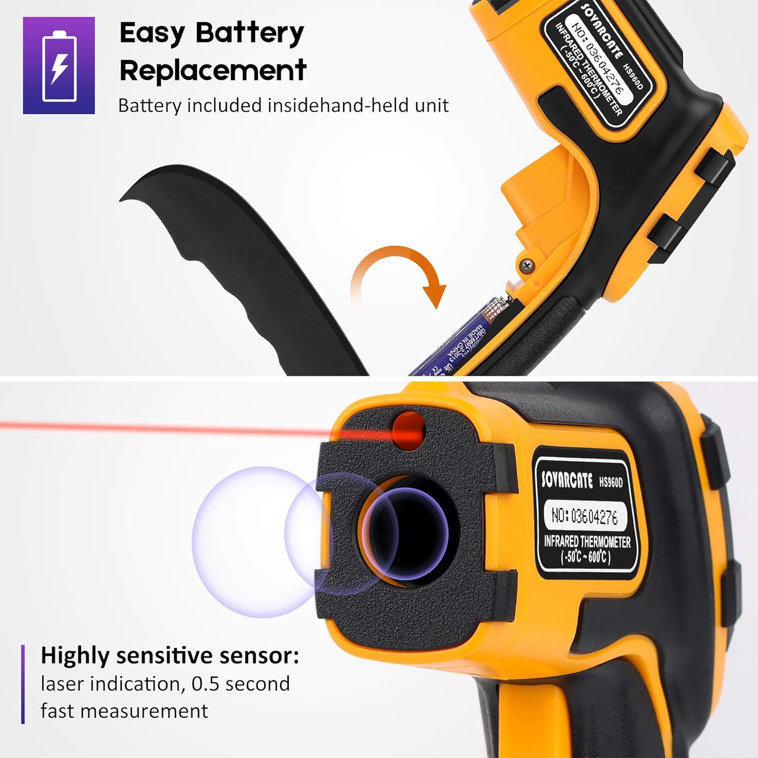 Thumbnail 2 de Infrared Thermometer (Non-Contact IR Temp Gun) with Adjustable Emissivity + Meat Thermometer -50°C to 600°C