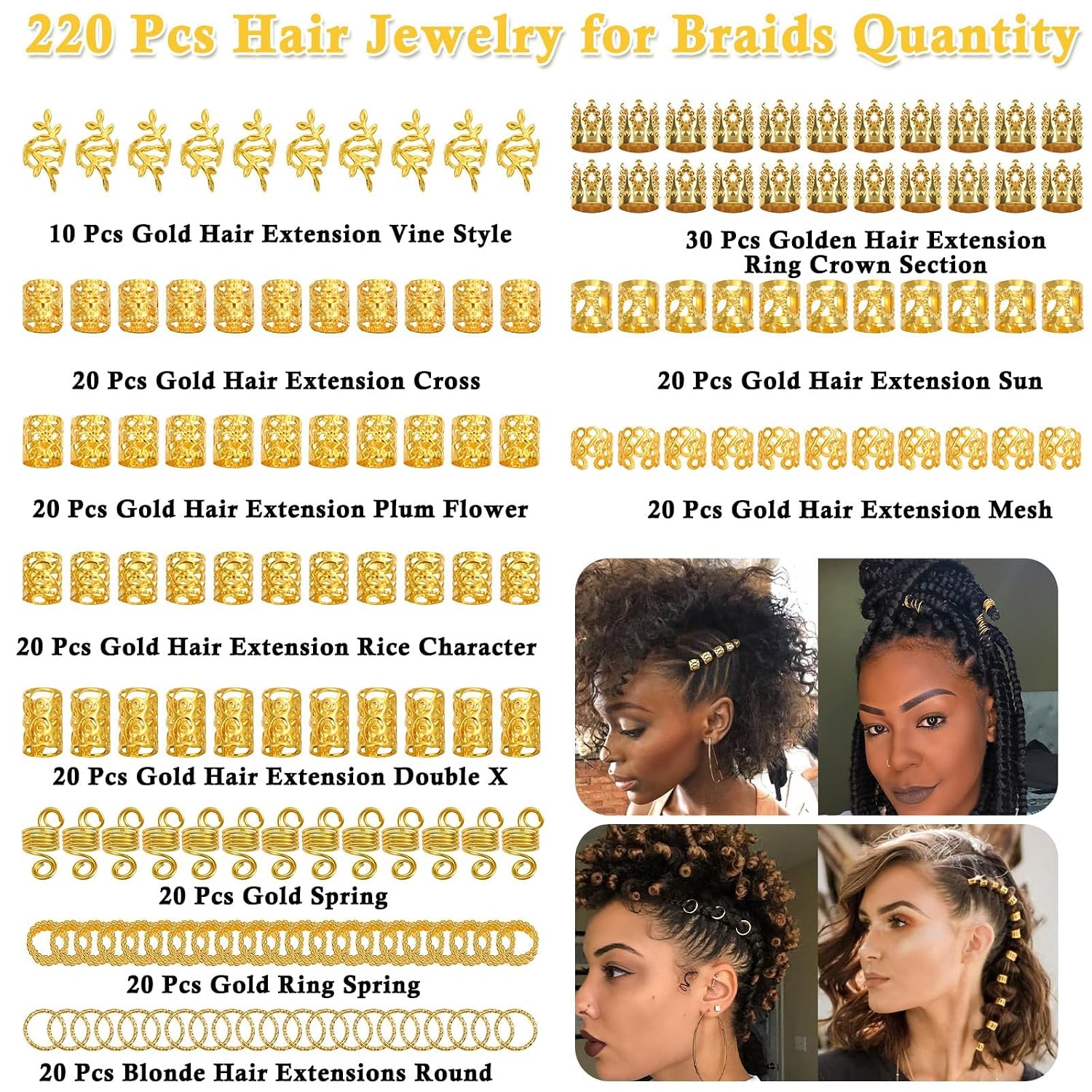 Detalle de Lucomb 220-Piece Gold Hair Jewelry Set for Braids and Locs, 10 Styles