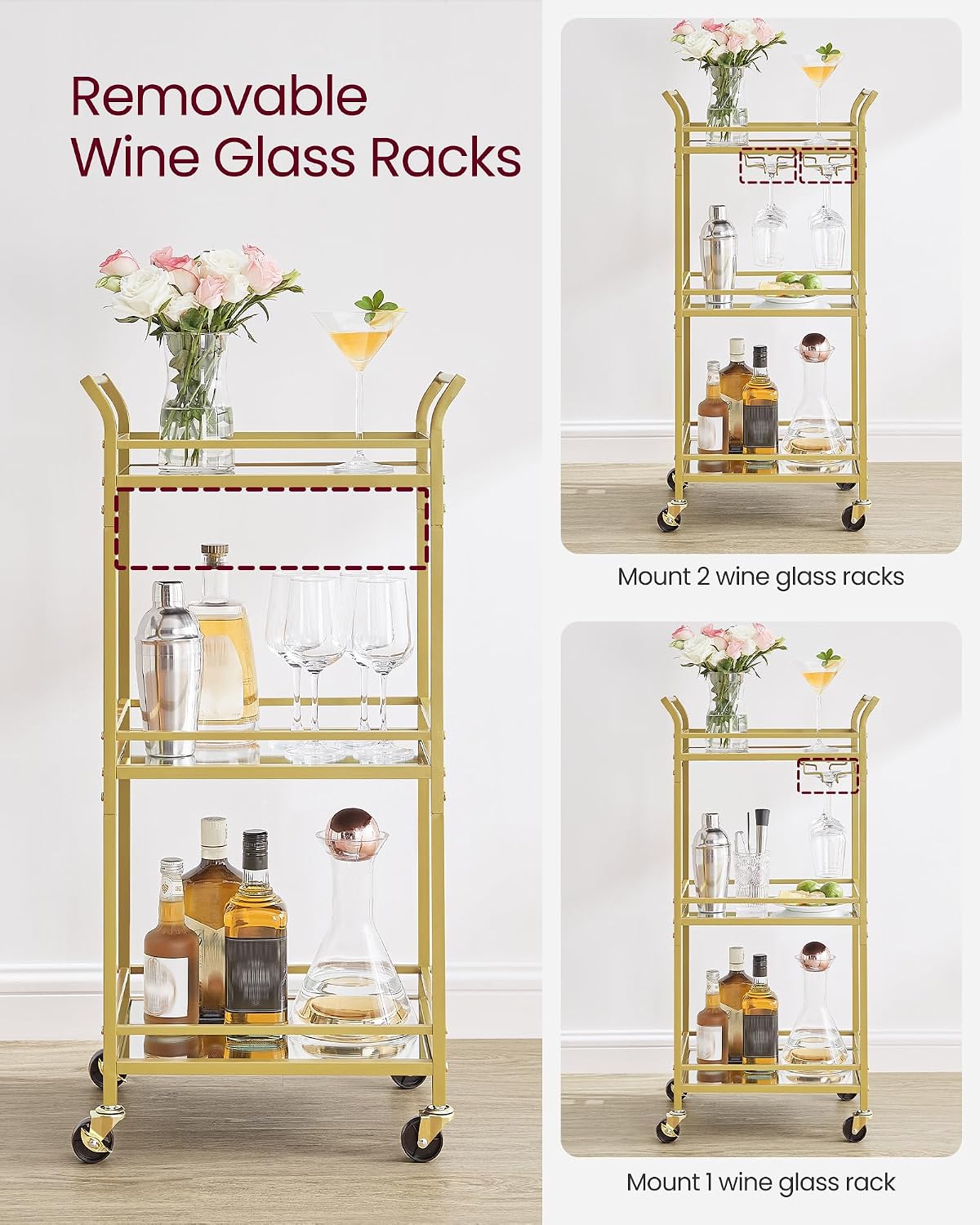 Detalle 1 de VASAGLE Baris Collection LRC091A62 3-Tier Drinks Trolley with Mirrored Glass Shelves
