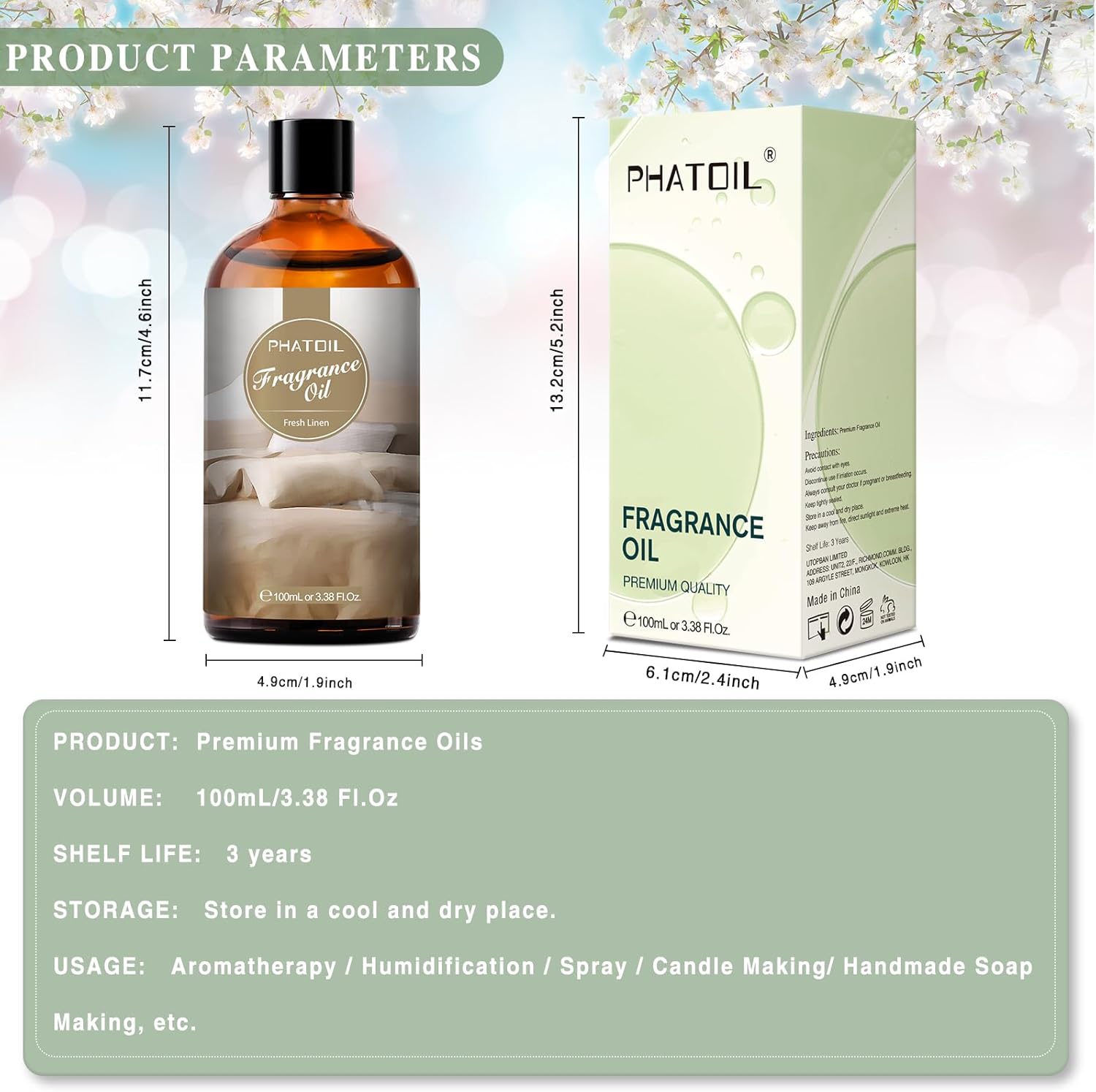 Detalle de PHATOIL Fresh Linen Fragrance Oil (100ml) for Diffusers, Candles, and Soaps