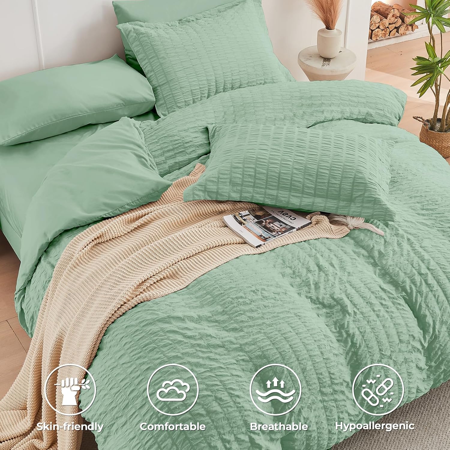 Detalle de HYMOKEGE Queen Comforter Set 7-Piece Sage Green