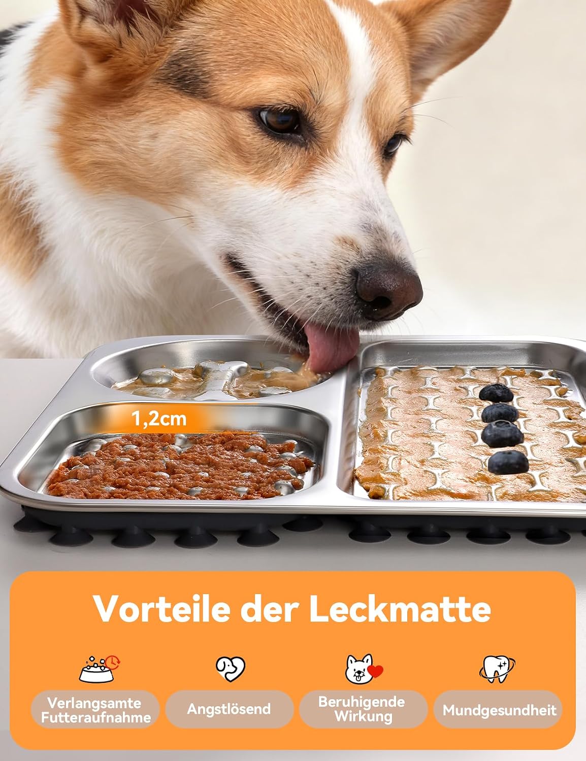 Detalle 2 de FEELNEEDY Edelstahl Schleckmatte Hund mit Schaber – rutschfeste Anti-Schling-Mahlzeit mit Zahnpflege und Saugnäpfen