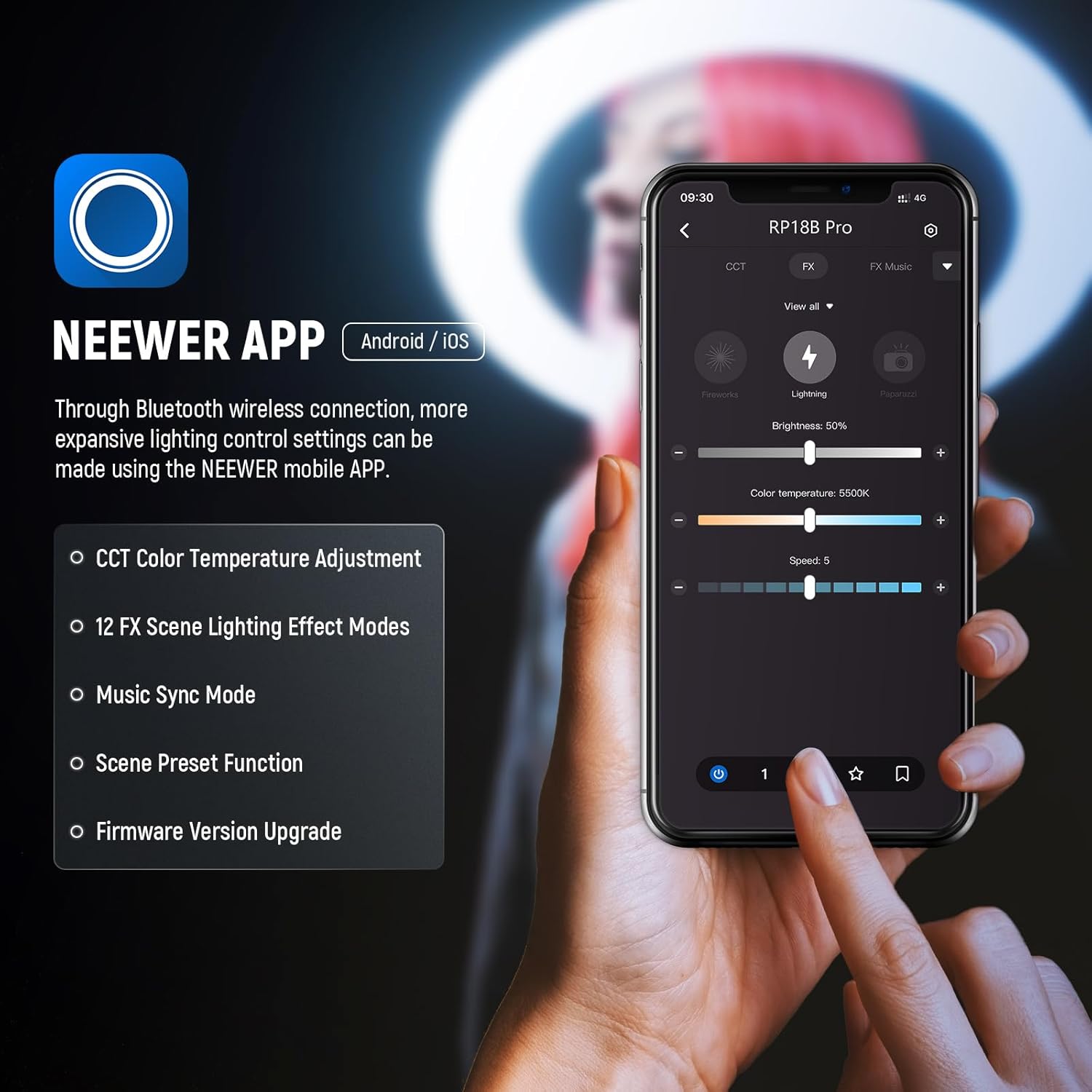 Detalle de NEEWER RP18B Pro 18 inch ring light with tripod stand and phone holder (2900K–7000K, app control)