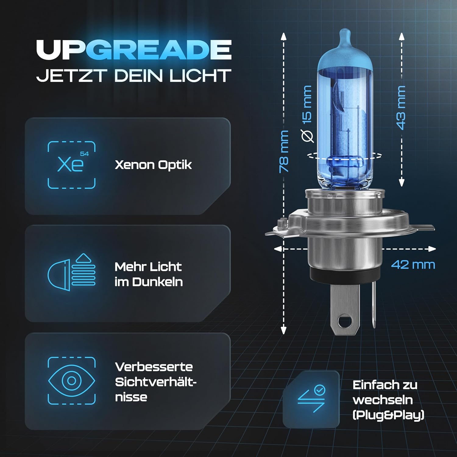 Thumbnail 2 de Gread 2x H4 Frontscheinwerfer Halogenlampen superwhite (8500K, 55W) – eintragungsfrei