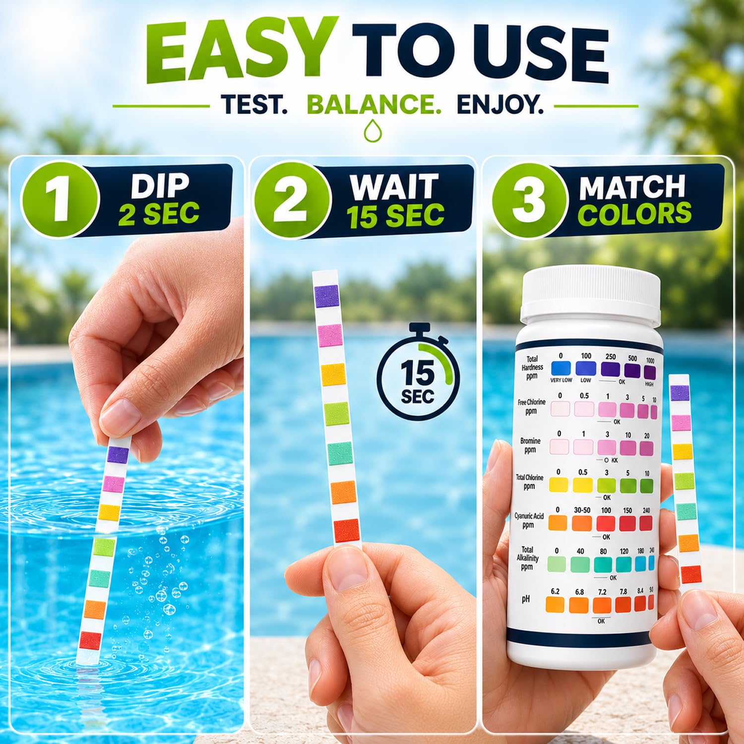 Detalle de LIME POOL PTS-01 7-Way Pool Test Strips, 162-Count Water Testing Kit
