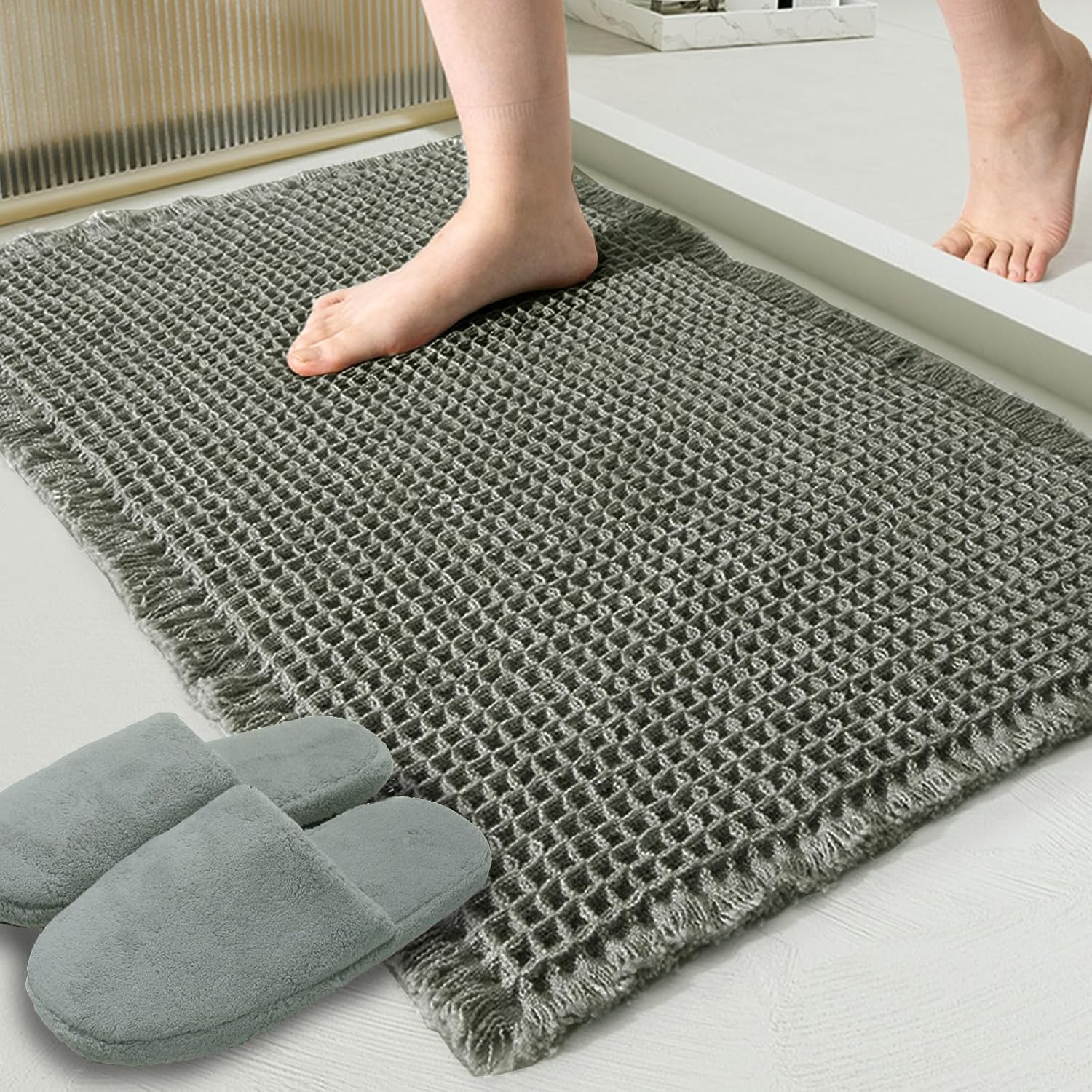 Detalle de ZALL Waffle Bath Mat: Ultra-Soft, Absorbent, Non-Slip Bath Rug in Dark Green (18x30 inches)