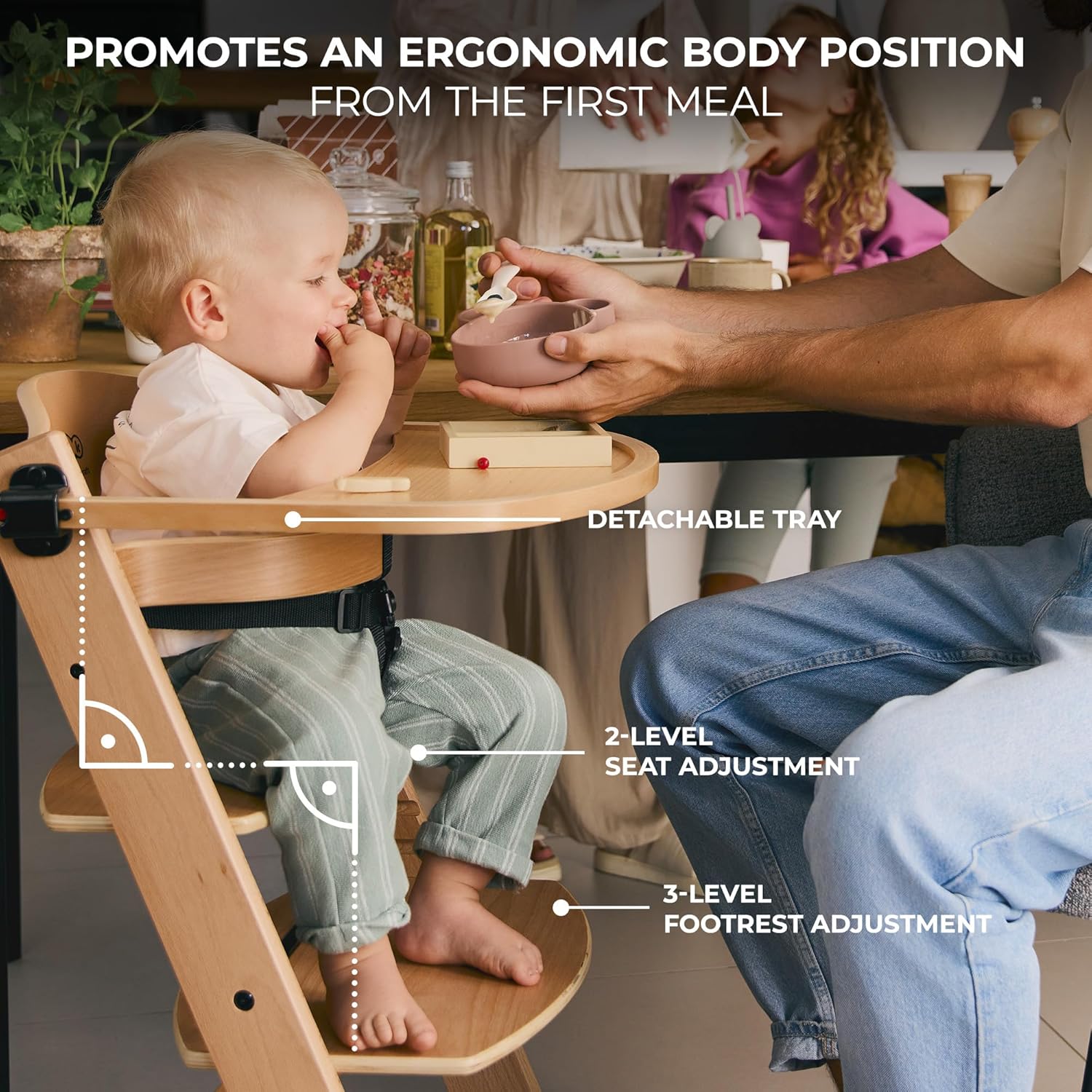 Detalle 2 de Kinderkraft ENOCK Wooden Highchair + CALMEE Baby Bouncer: Multifunctional Growth Chair