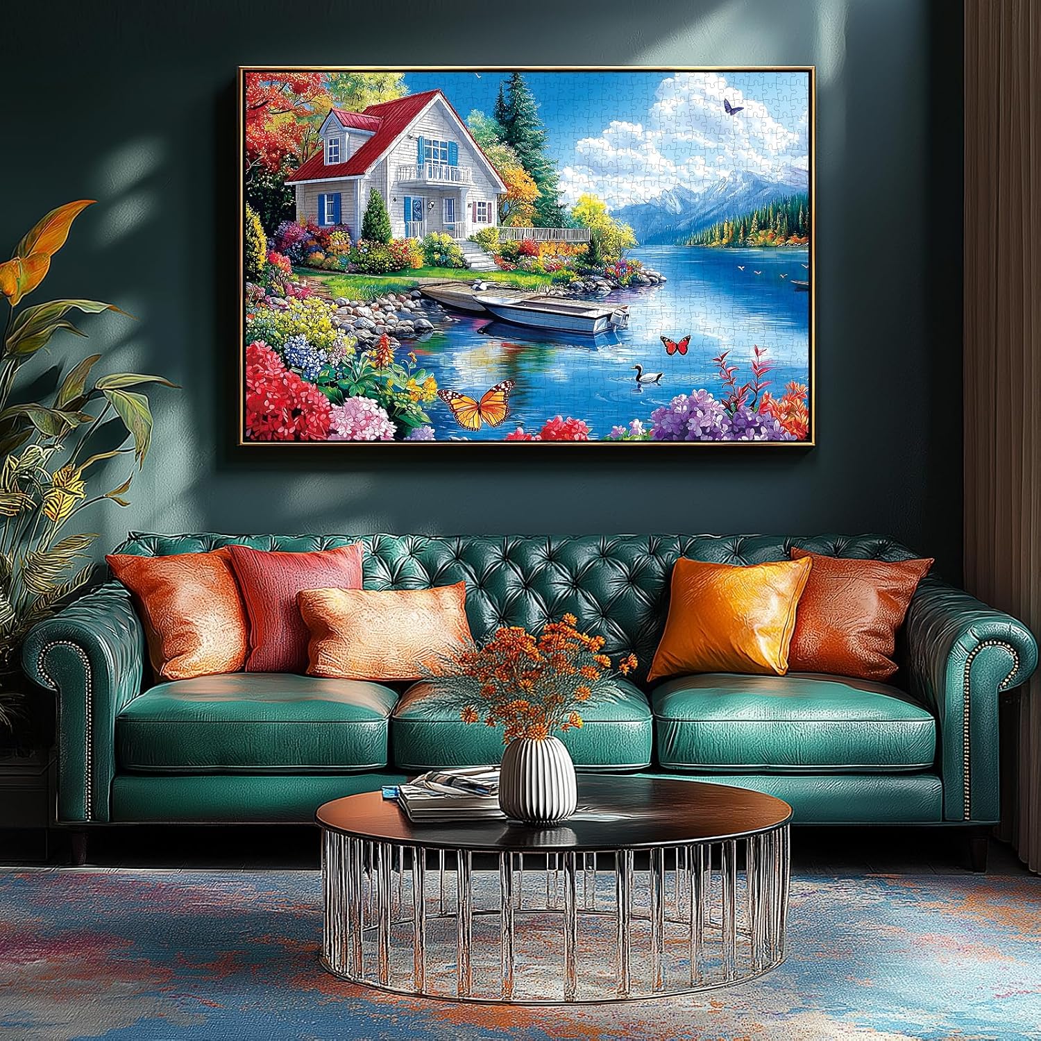 Detalle de PuzzOne 1000-Piece Jigsaw Puzzle: Lakeside Cottage Mountain Scene for Adults