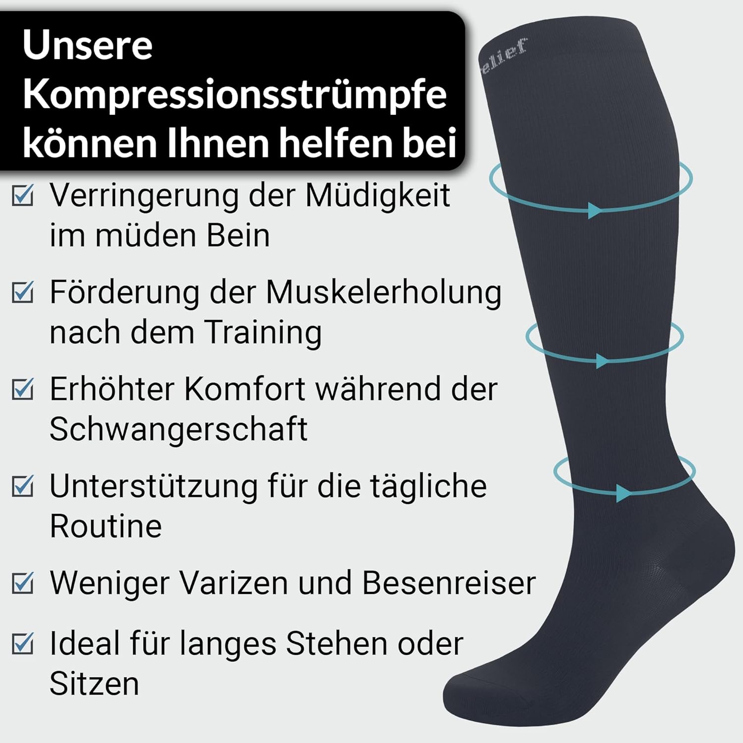 Thumbnail 5 de 360 Relief Kompressionsstrümpfe Damen und Herren – Stützstrümpfe 15–20 mmHg, XXL Schwarz mit Wäschenetz