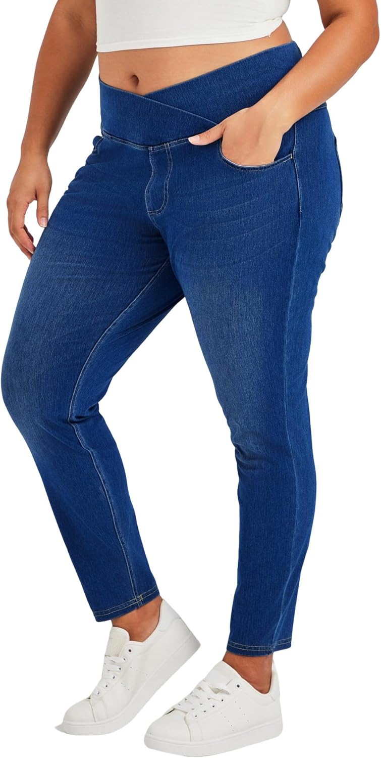 Thumbnail 6 de LaiEr Women V Crossover Skinny Jeans High Waist Tummy Control – Casual Faux Denim Print Leggings with Side Pockets
