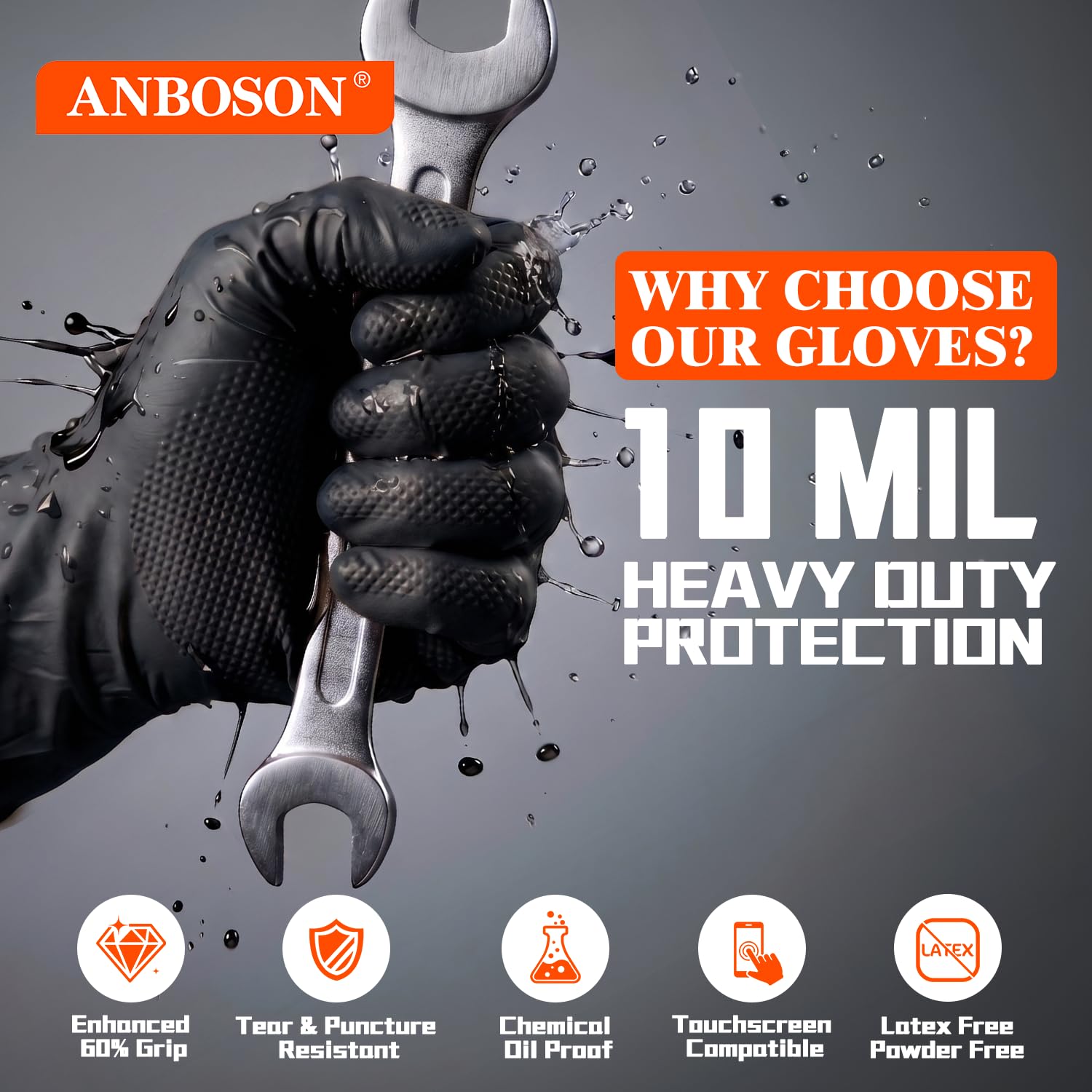 Detalle 2 de ANBOSON 10 Mil Nitrile Mechanic Gloves, Medium, Black, Diamond Grip, 1,000 Count