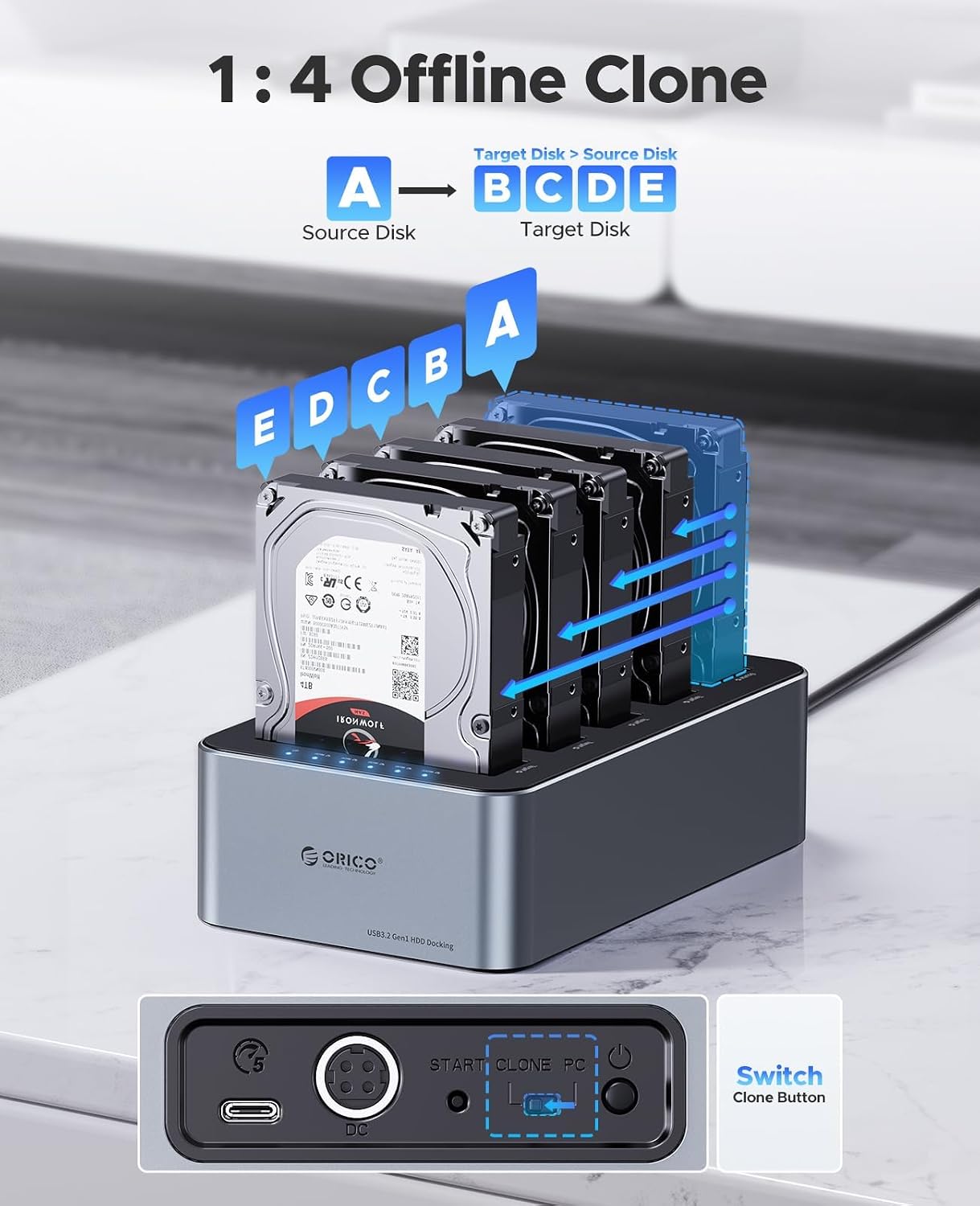 Detalle de ORICO Aluminium Clone HDD Docking Station, 5 Bay – USB 3.2 Gen 1, bis zu 5 x 20 TB, Offline-Klonen