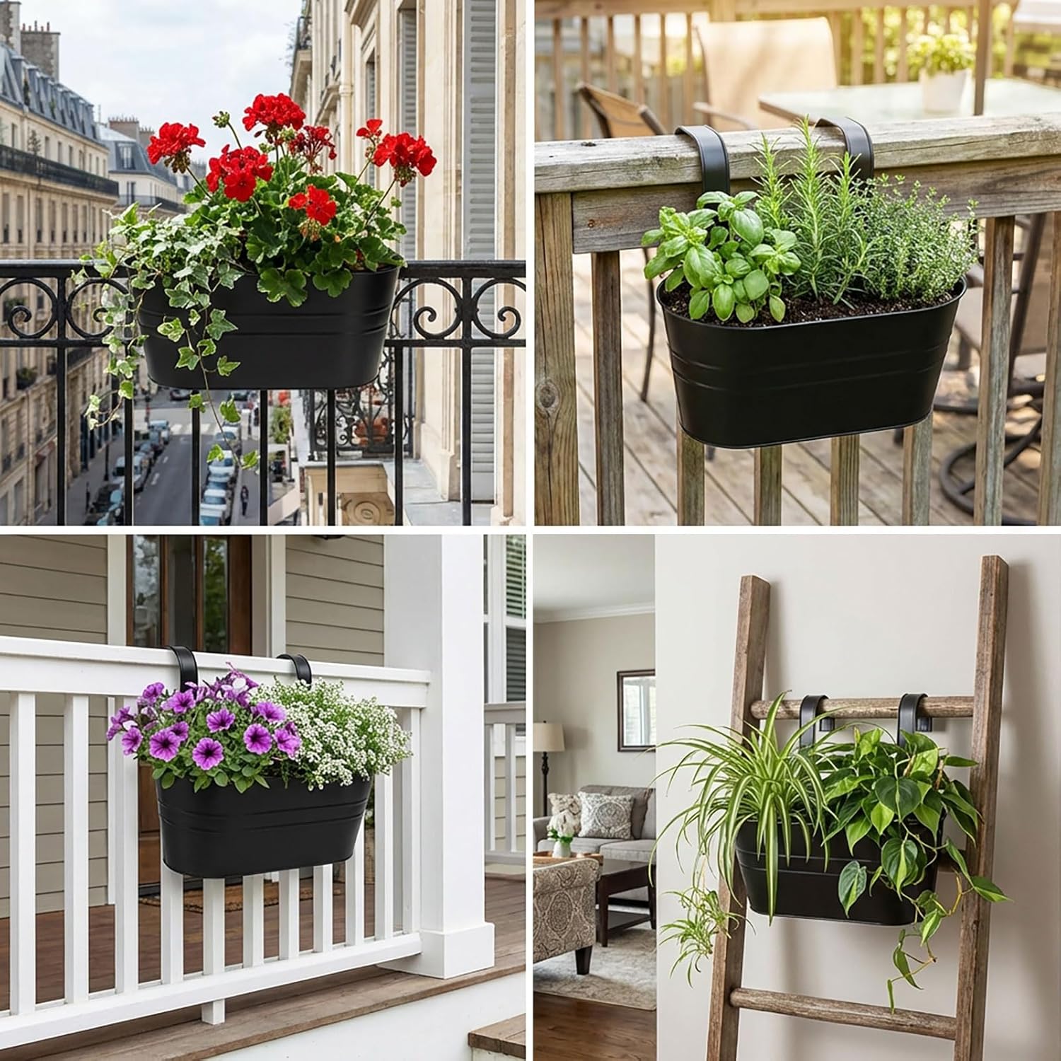 Thumbnail 3 de Atoke 4 Pack Metal Hanging Flower Pots for Railing Fence – 27.5cm Balcony Planter Buckets with Detachable Hooks (Black)