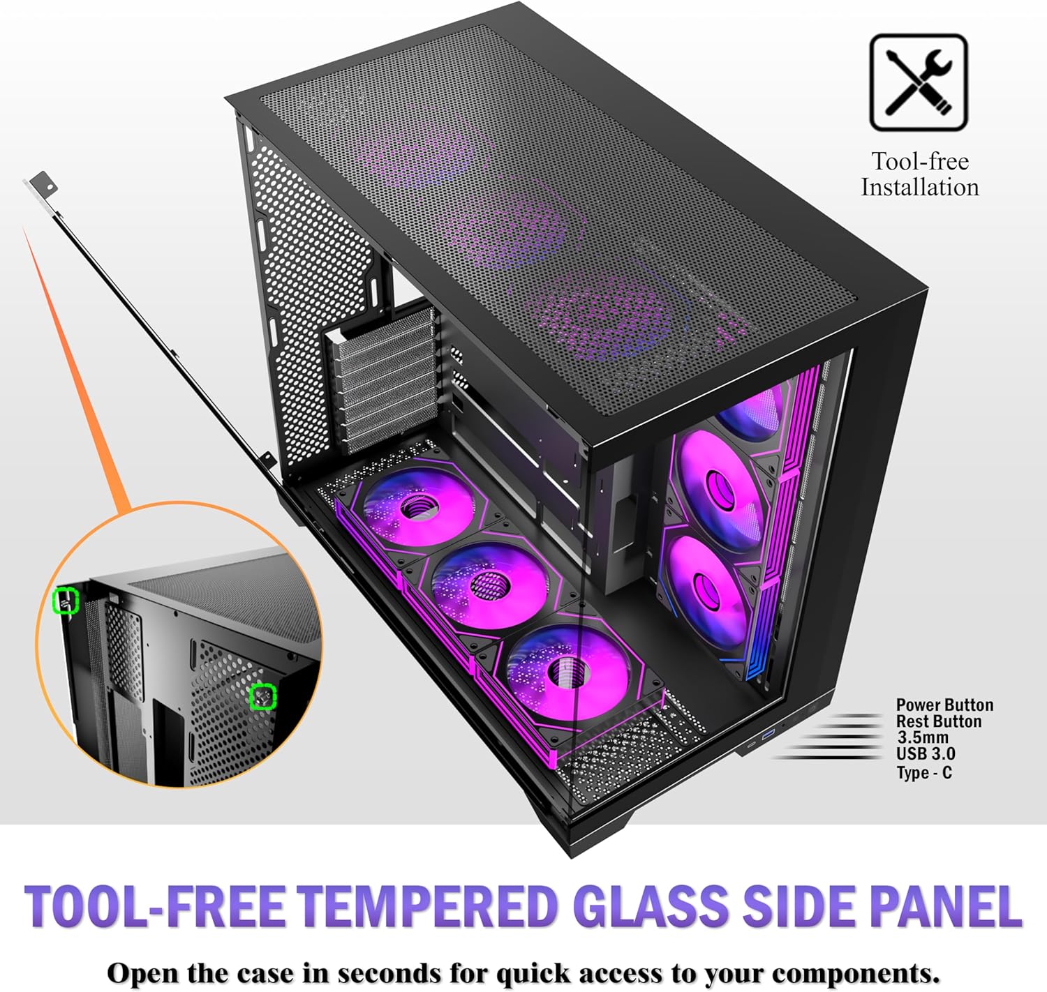 Thumbnail 5 de ANSAITE ATX PC-Gehäuse H9: Mid-Tower mit 9 ARGB PWM-Lüfter, 360 mm Radiator, Panorama-Glas