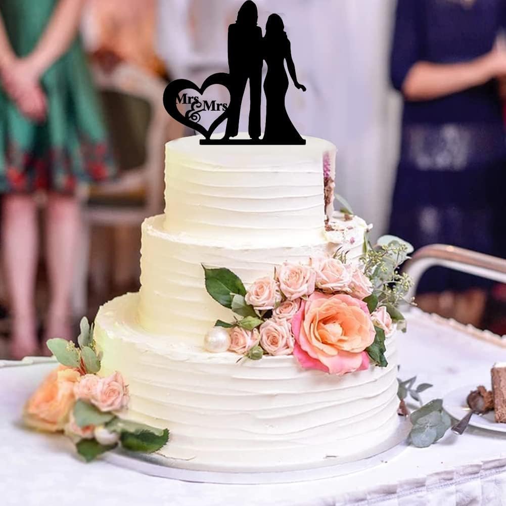 Detalle de Mrs & Mrs Cake Topper: Black Acrylic Lesbian Wedding Cake Deco (7.0 × 10.2 in)