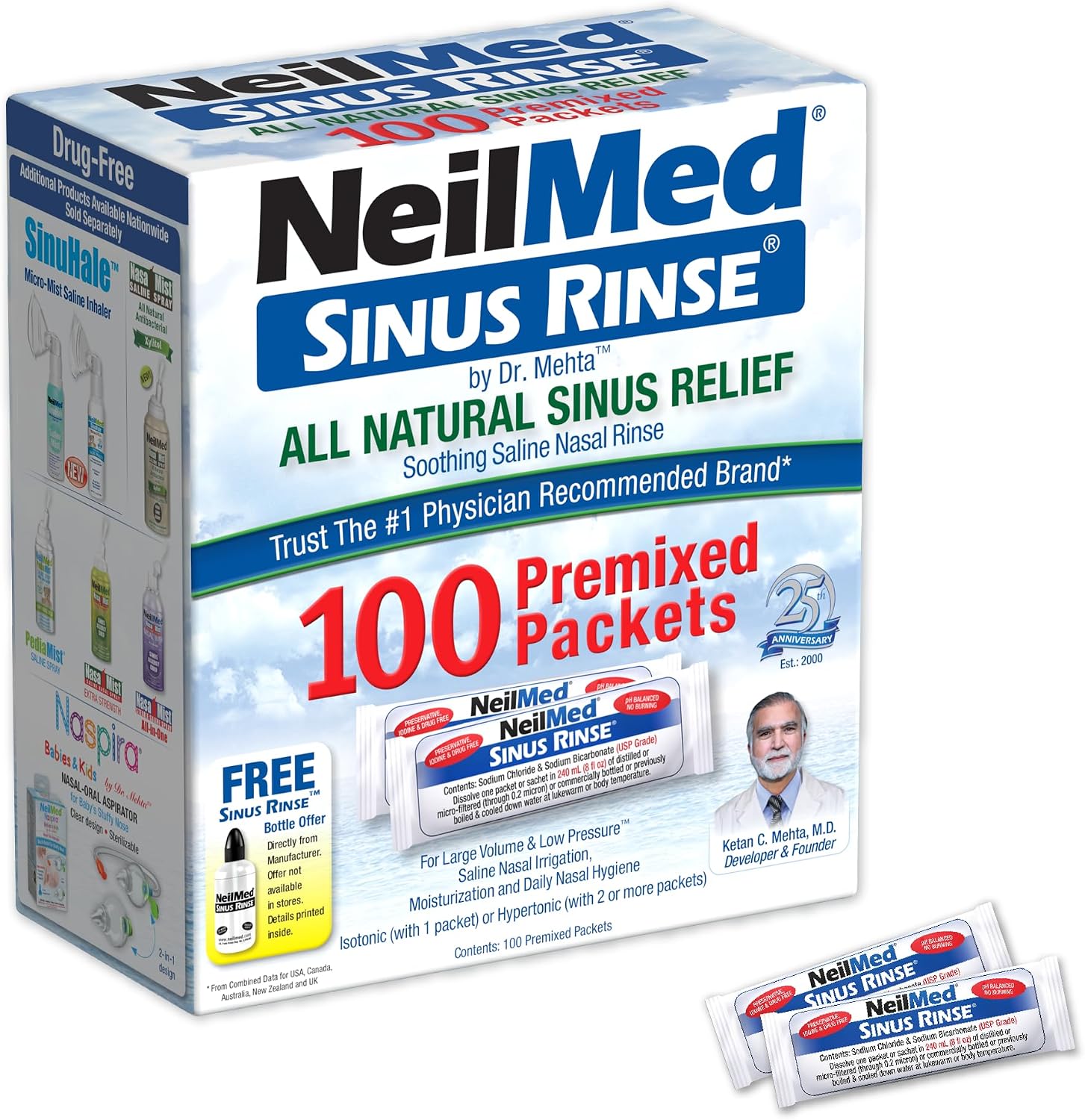 Detalle de NeilMed Sinus Rinse All Natural Relief Premixed Refill Packets — 100 Count (Pack of 1)