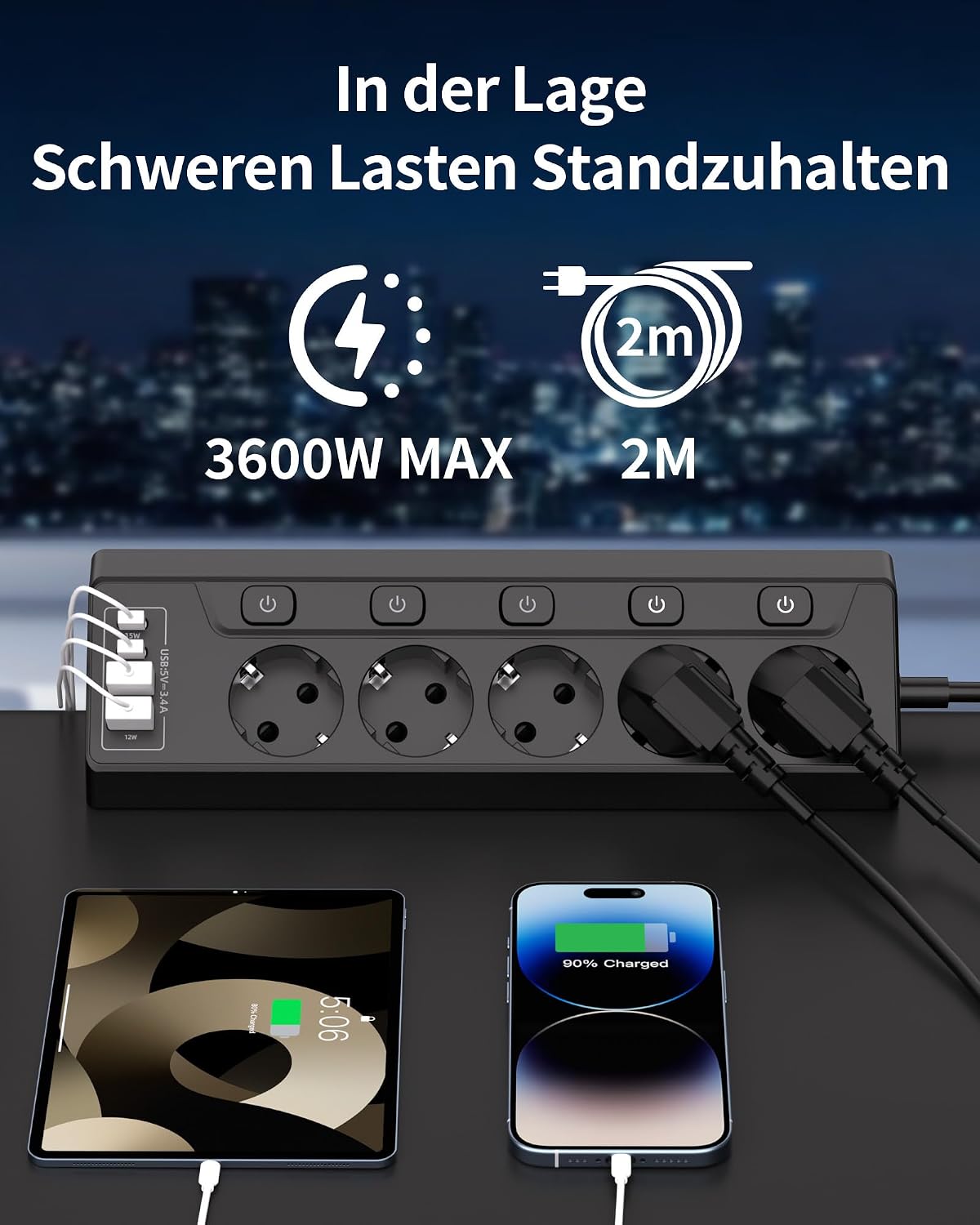 Thumbnail 2 de RivHillX Tischsteckdose Steckdosenleiste mit USB (schwarz) – 5-fach, einzeln schaltbar