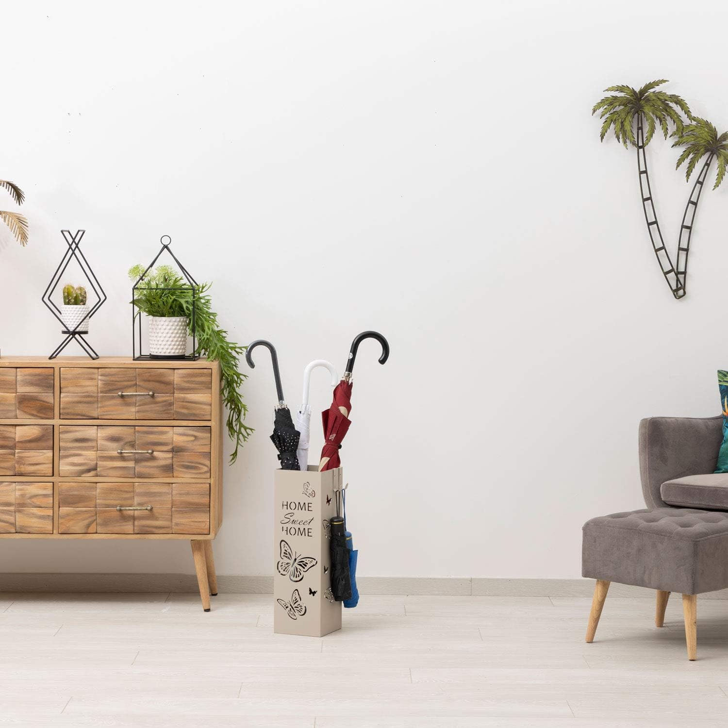 Thumbnail 4 de Baroni Home Portaombrelli Design Moderno in Metallo Tortora con Farfalle e Vaschetta Rimovibile