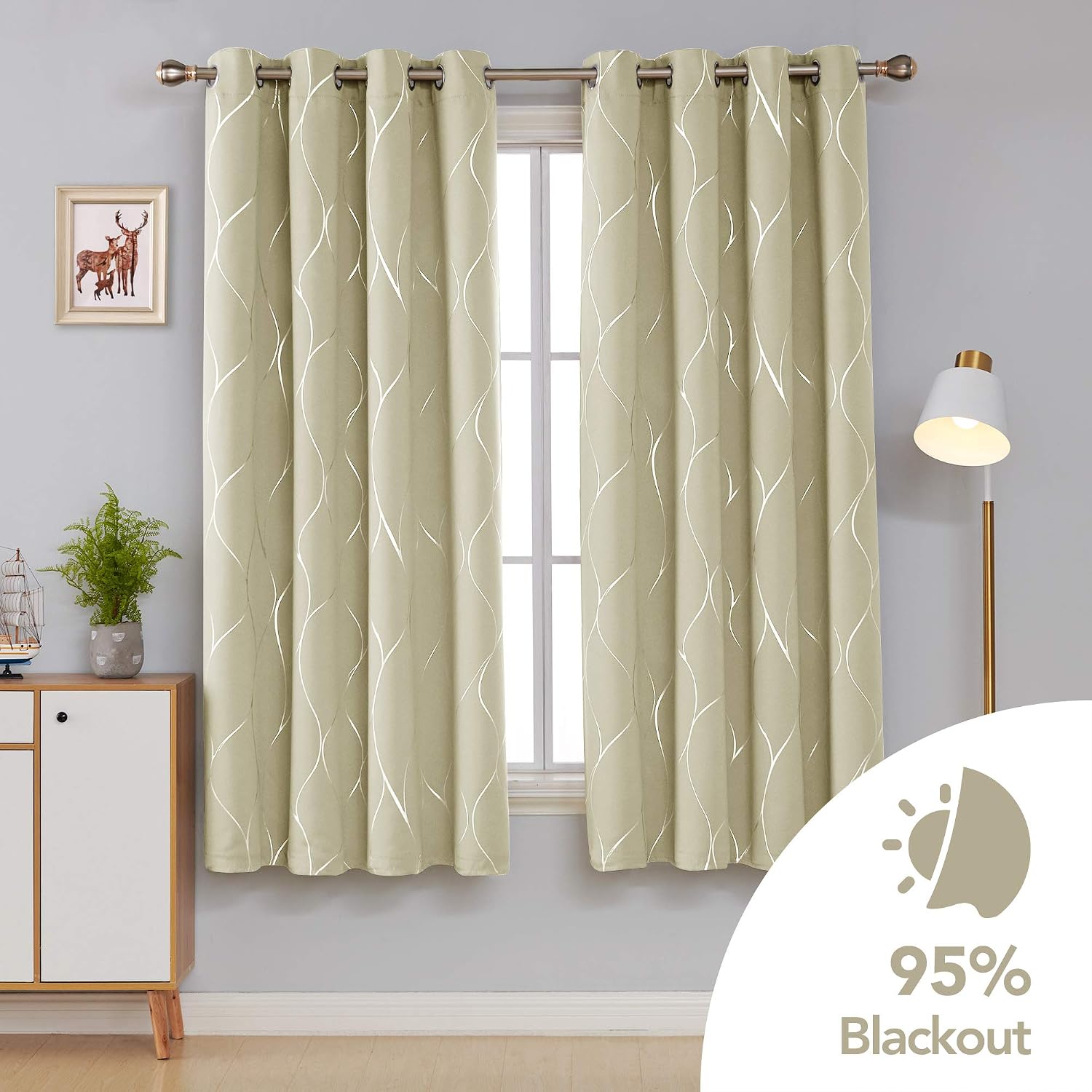 Detalle 2 de Deconovo Silver Wave Foil Printed Blackout Curtains, 66x72 Inch, Beige, One Pair