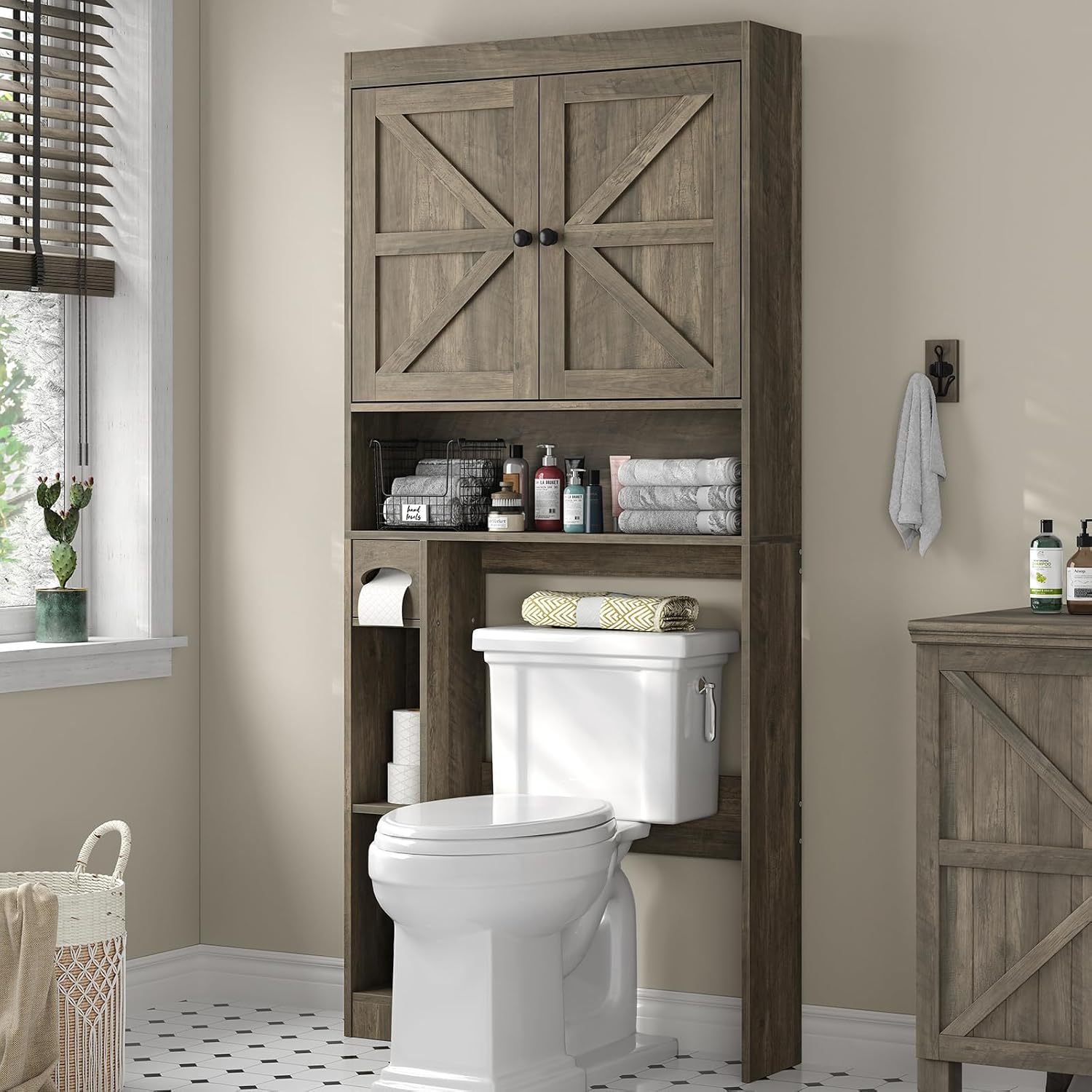Detalle de Furnideco OT004-GR Over-the-Toilet Storage Cabinet with Barn Doors, 6 Shelves