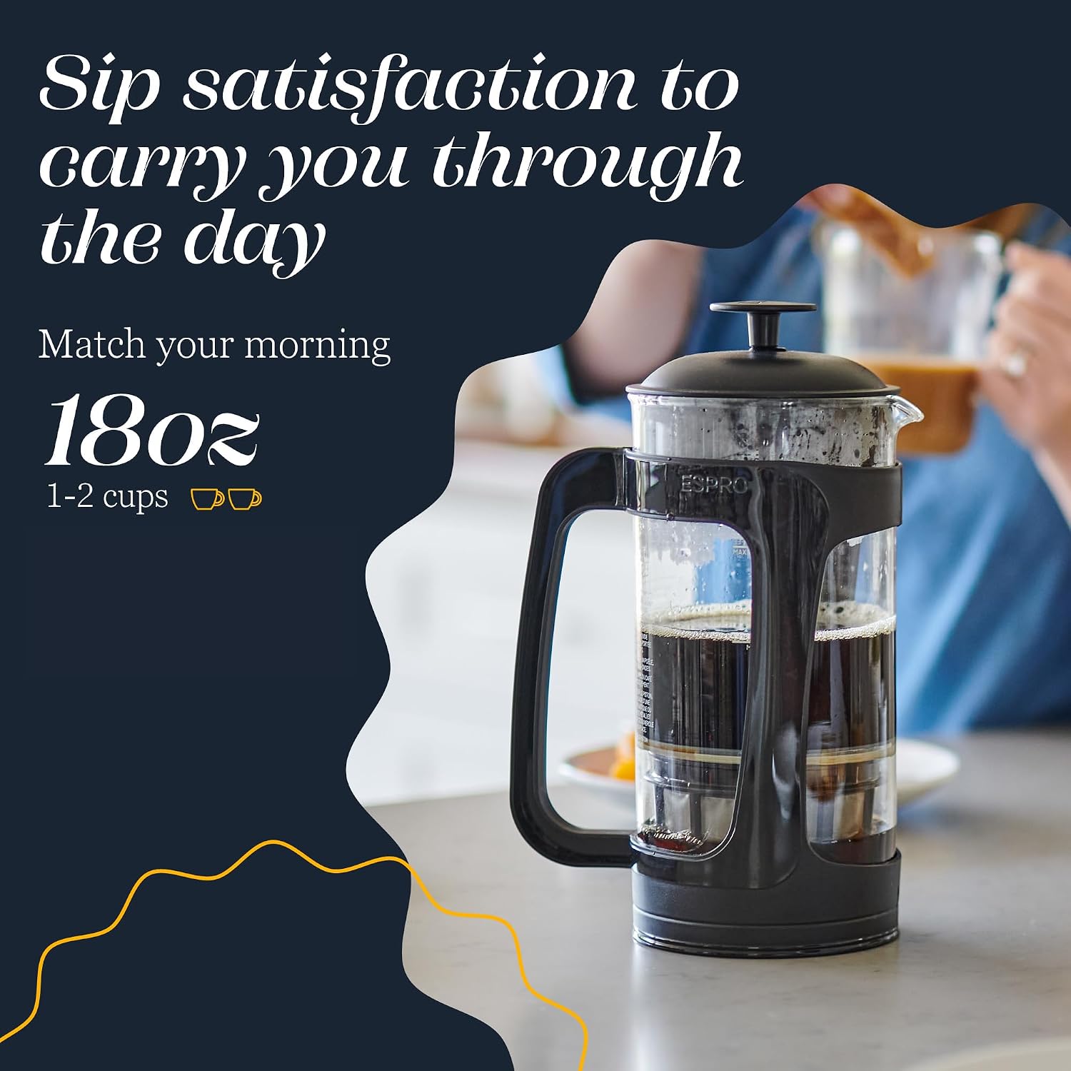 Detalle de ESPRO P3 1418C-BK Glass Cafetiere, 530ml, Black, Double Microfilter