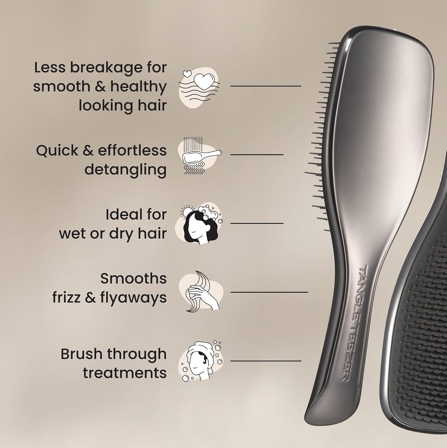 Detalle de Tangle Teezer Ultimate Detangler Haarbürste – Nasses & Trockenes Haar, Zweistufige Borsten, Mitternachtssilber Chrom-Finish