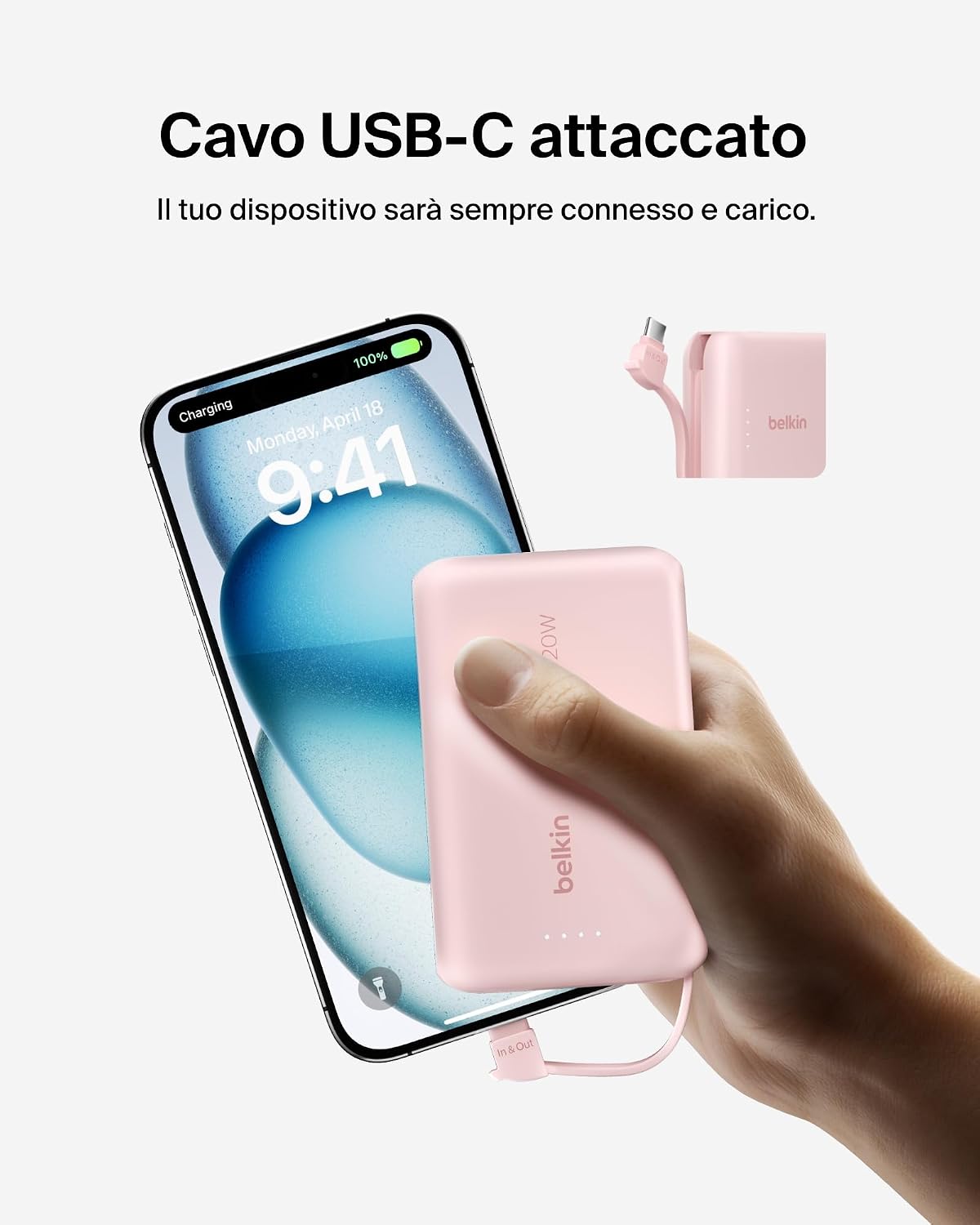 Detalle de Belkin BoostCharge power bank 10.000 mAh con cavo USB‑C integrato e uscita 20 W PD