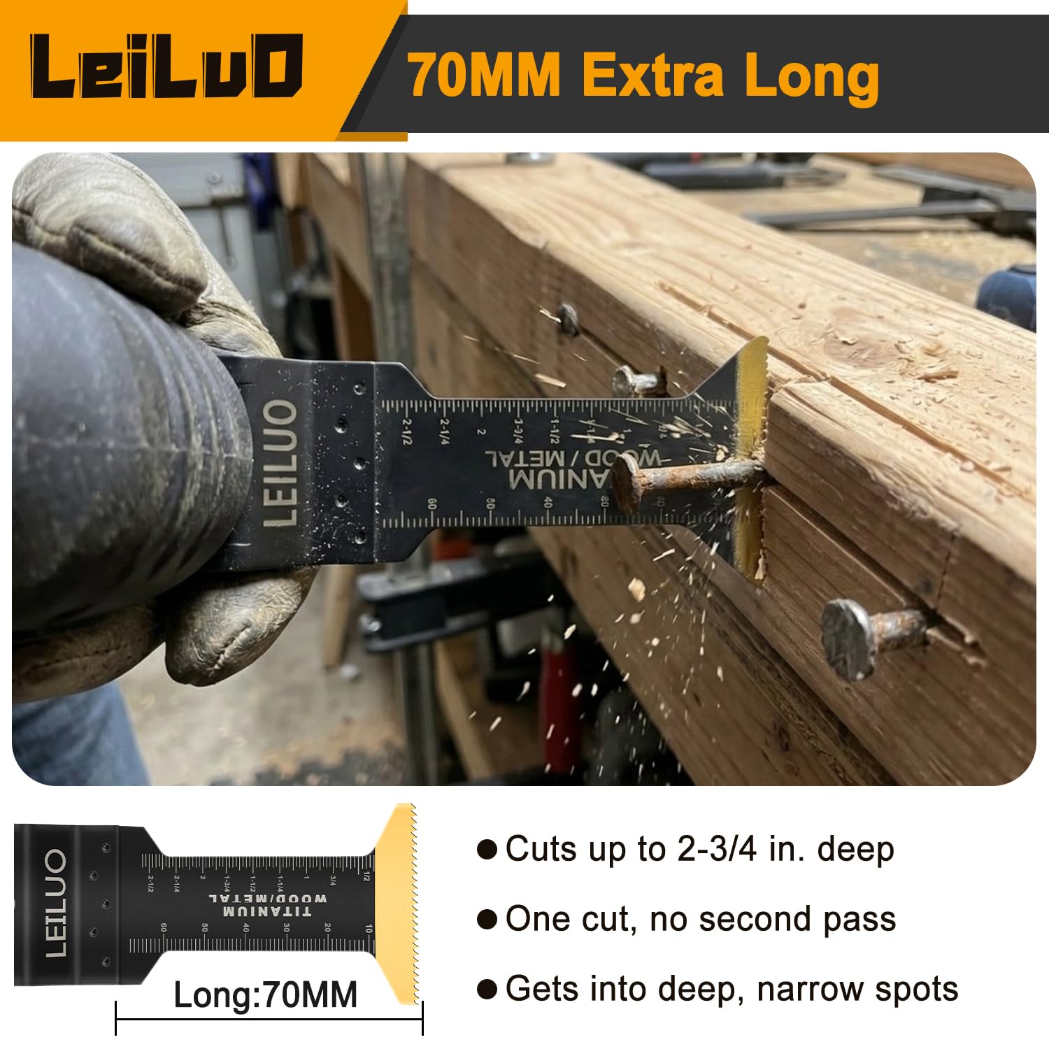 Detalle 2 de LEILUO 20-Piece Titanium-Coated Oscillating Tool Blades for Metal and Wood