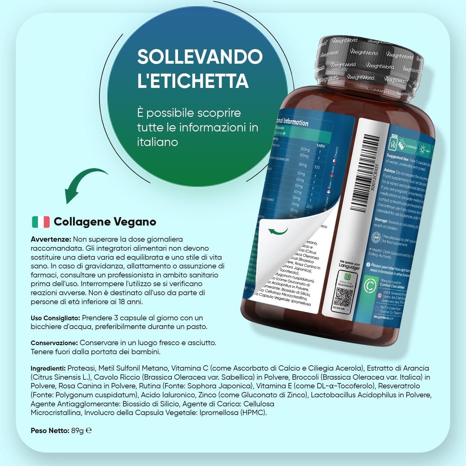 Thumbnail 5 de Collagene vegano e Acido ialuronico WeightWorld, 180 capsule con Vitamina C, E, Zinco, Resveratrolo e MSM