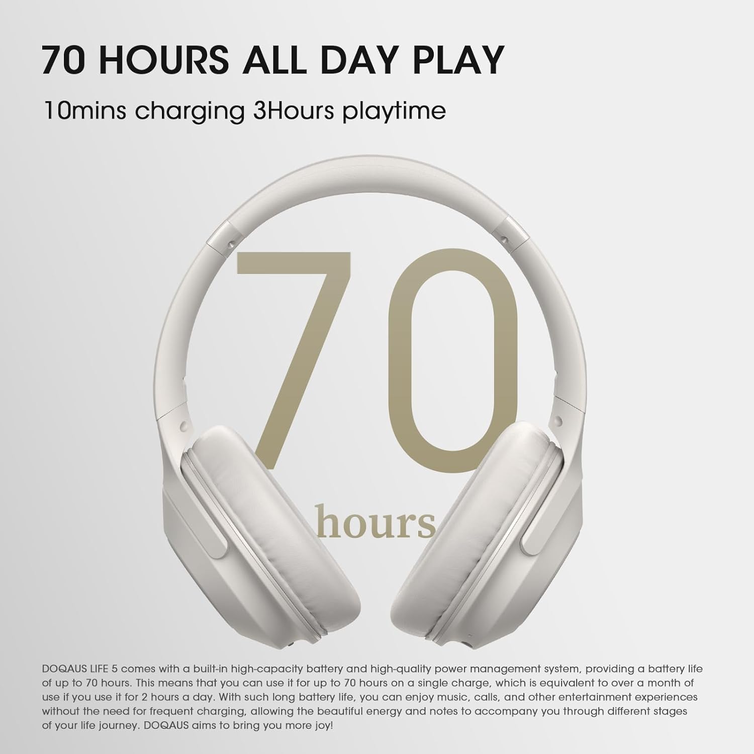 Detalle 2 de DOQAUS Life5 Bluetooth Headphones: Over‑Ear, 70h Playtime, 5.3 Tech, 3 EQ Modes
