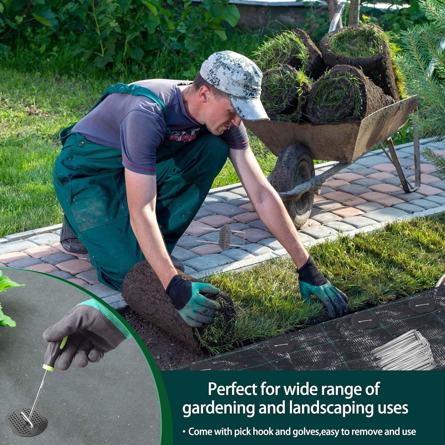 Thumbnail 4 de HuiCloud 50 Weed Control Membrane Pegs + 50 Buffer Washers Heavy Duty Metal Ground Pegs Set with Hook and Gloves